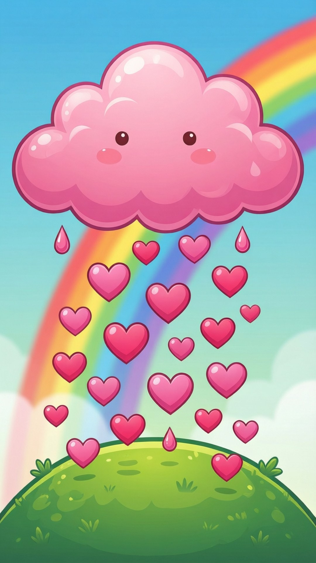 Heart Rain Cloud, pink hearts, green hill, Full HD Phone Wallpaper