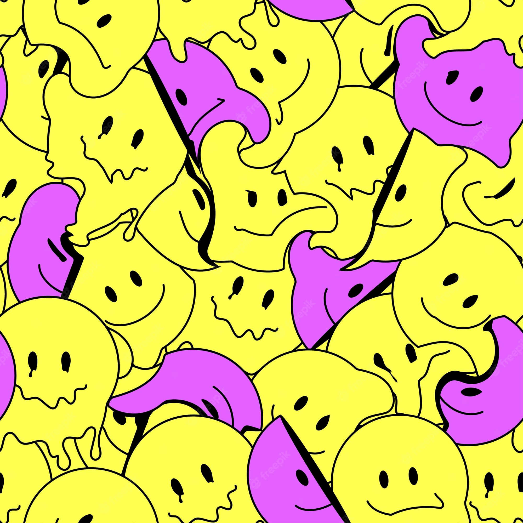 melted seamless pattern, vibrant yellow and purple, bold black outlines, Full HD Desktop Wallpaper
