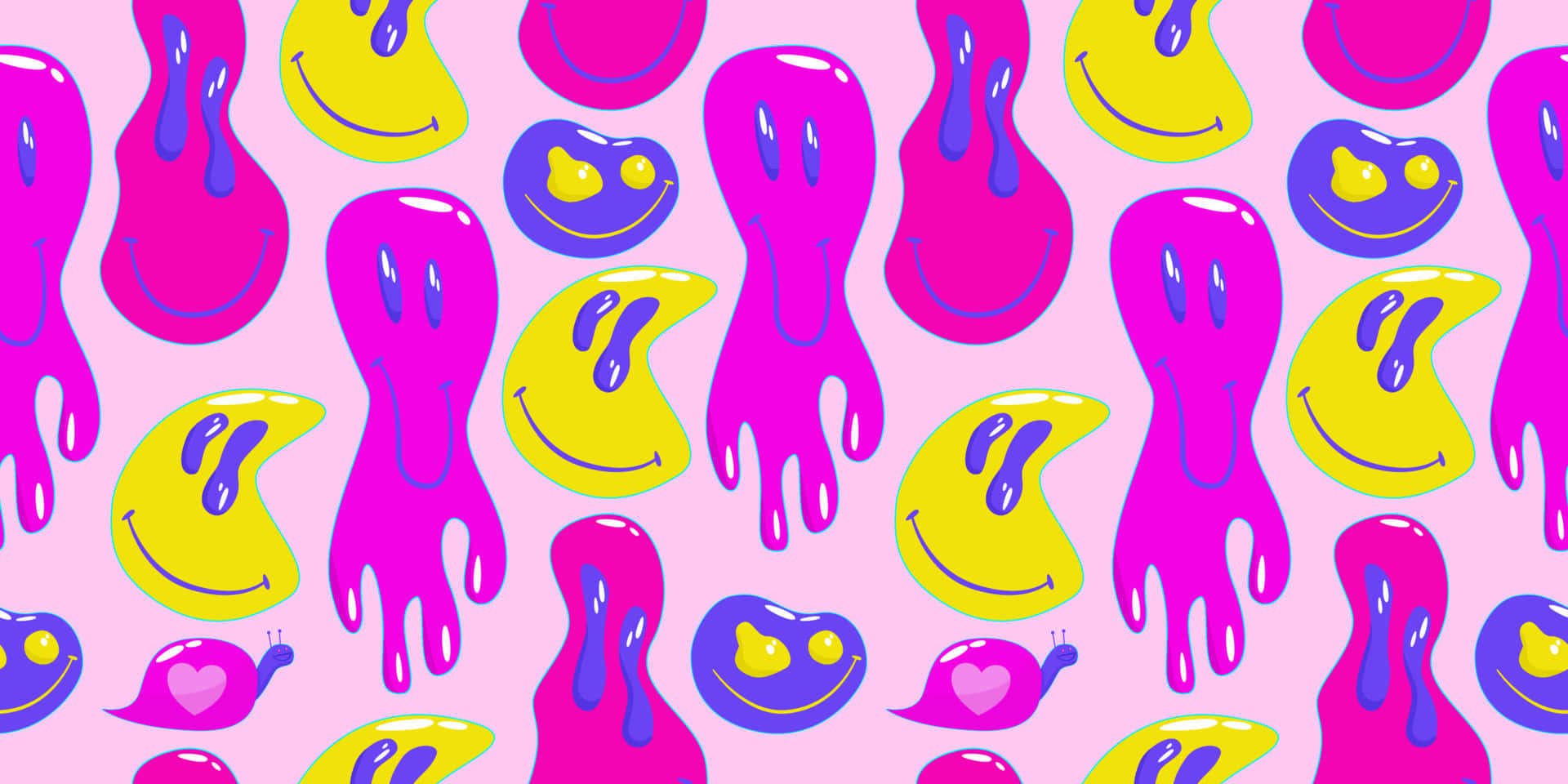Pyschedelic Y2k Seamless Aesthetic Trippy Smiley Face, vibrant pink yellow and purple, smiling blob characters, Full HD Desktop Wallpaper
