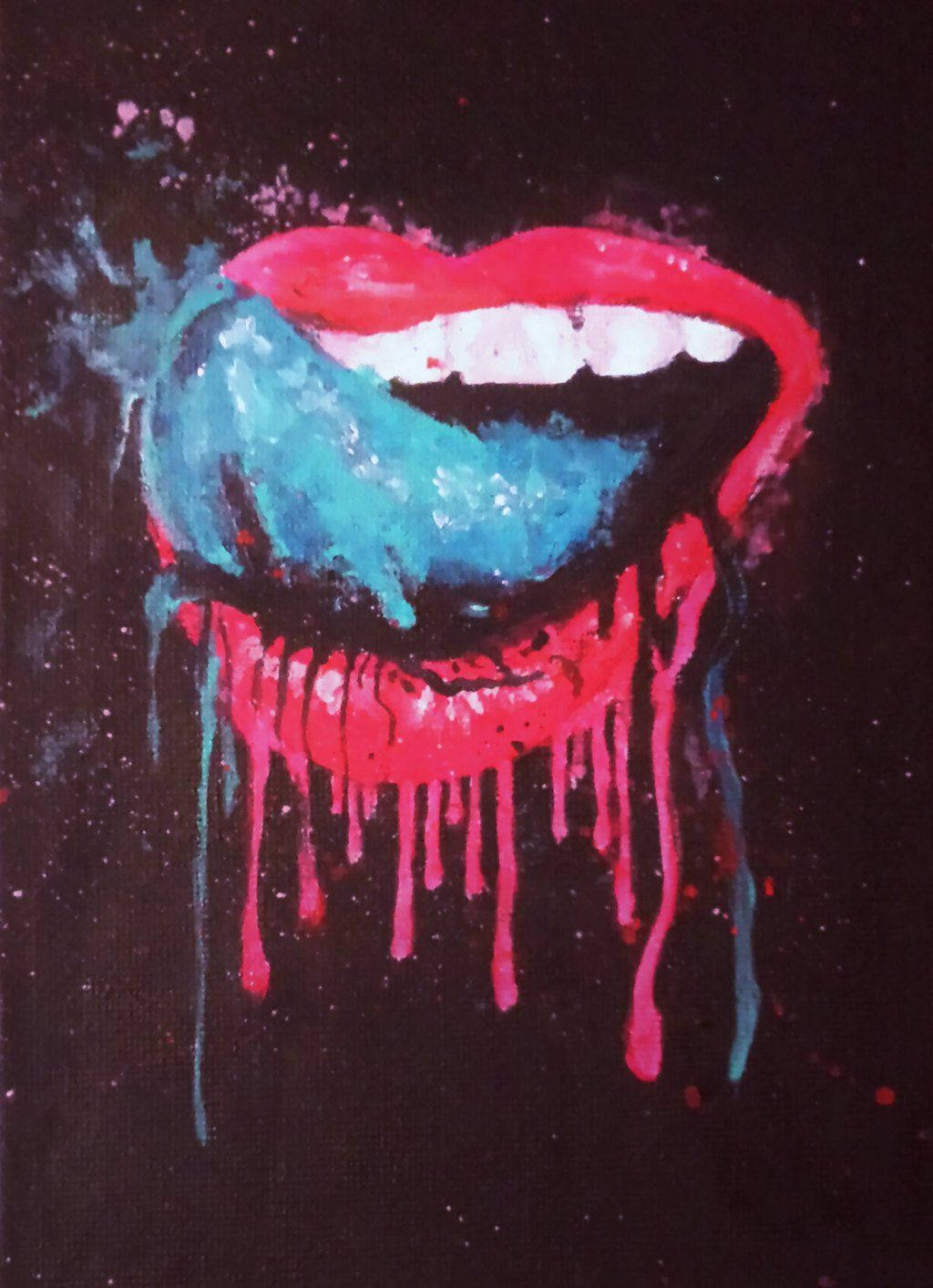 cool dripping mouth, vibrant red lips, blue paint dripping, HD Phone Wallpaper