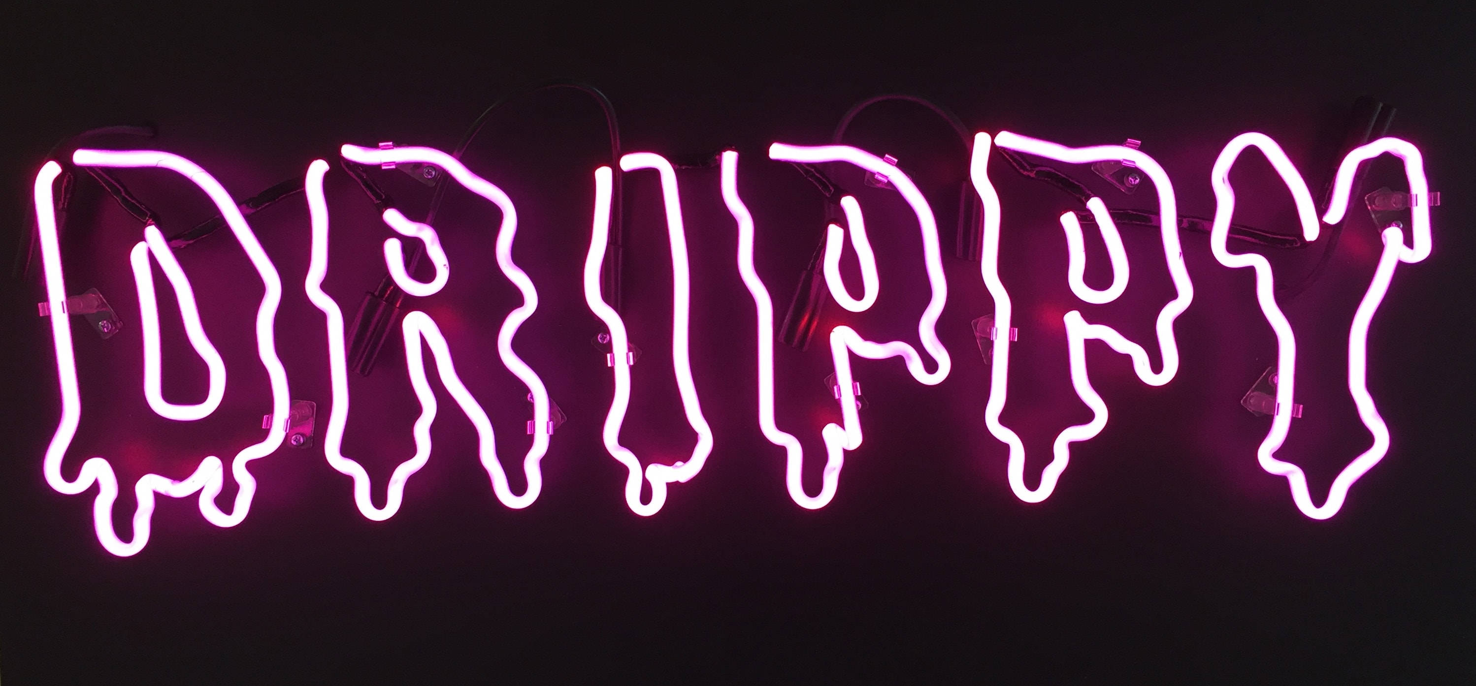 DRIPPY, glowing pink neon sign, dripping letterforms, 2K Desktop Wallpaper