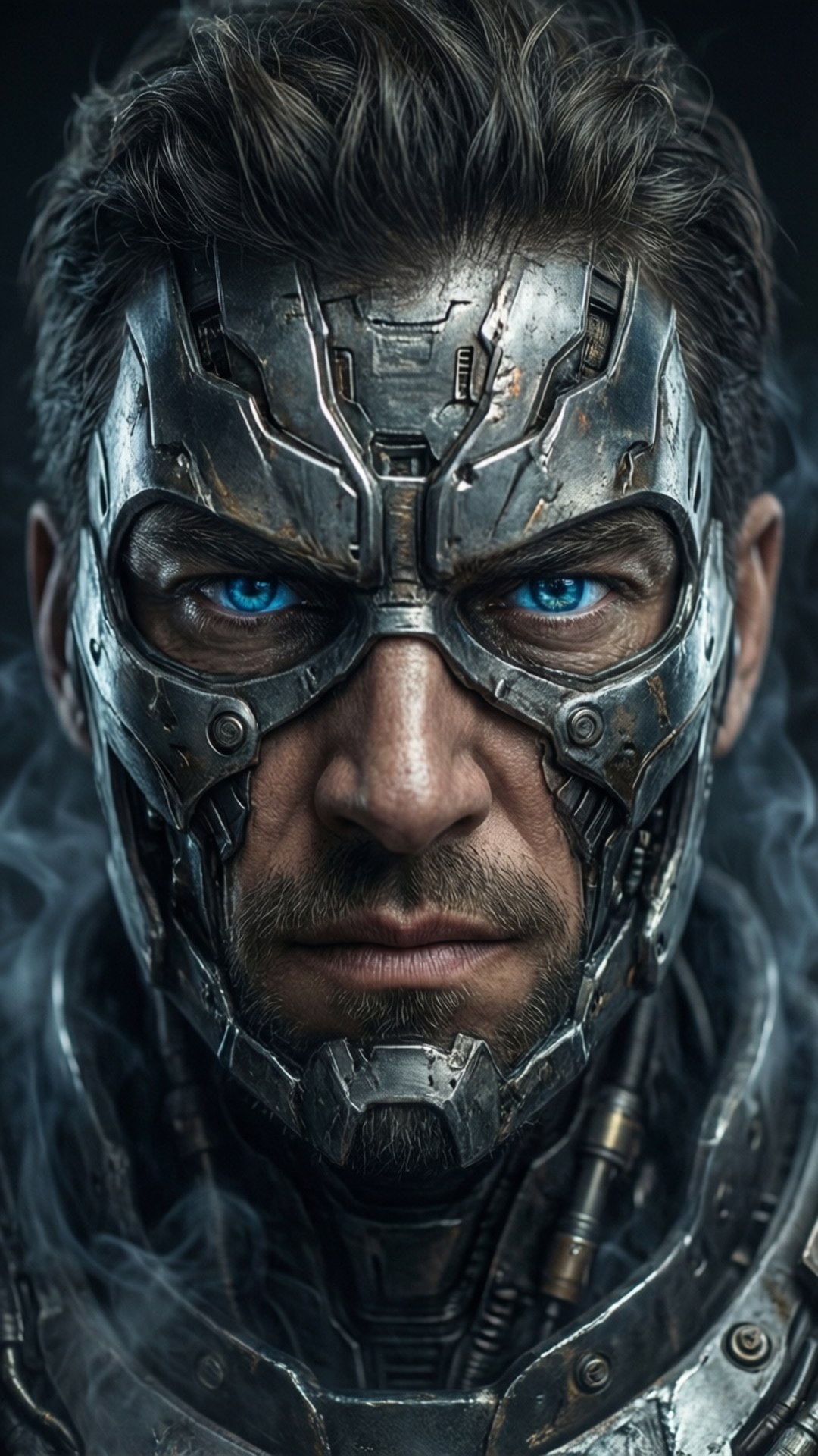 metallic gaze, glowing blue eyes, cybernetic warrior, Full HD Phone Wallpaper