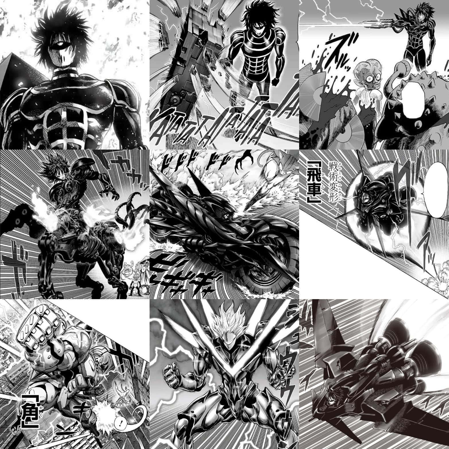 Drive Knight, black and white manga panels, superhero battles, HD Desktop Wallpaper