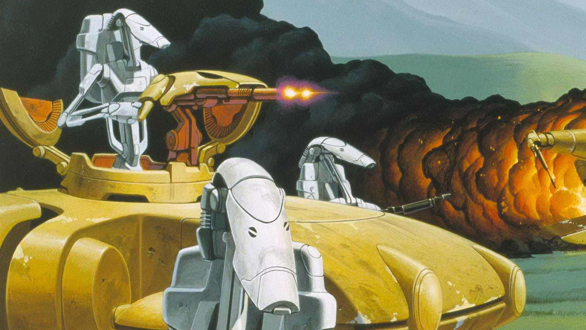 Droid Army, yellow armored vehicle, white robots, Full HD Desktop Wallpaper