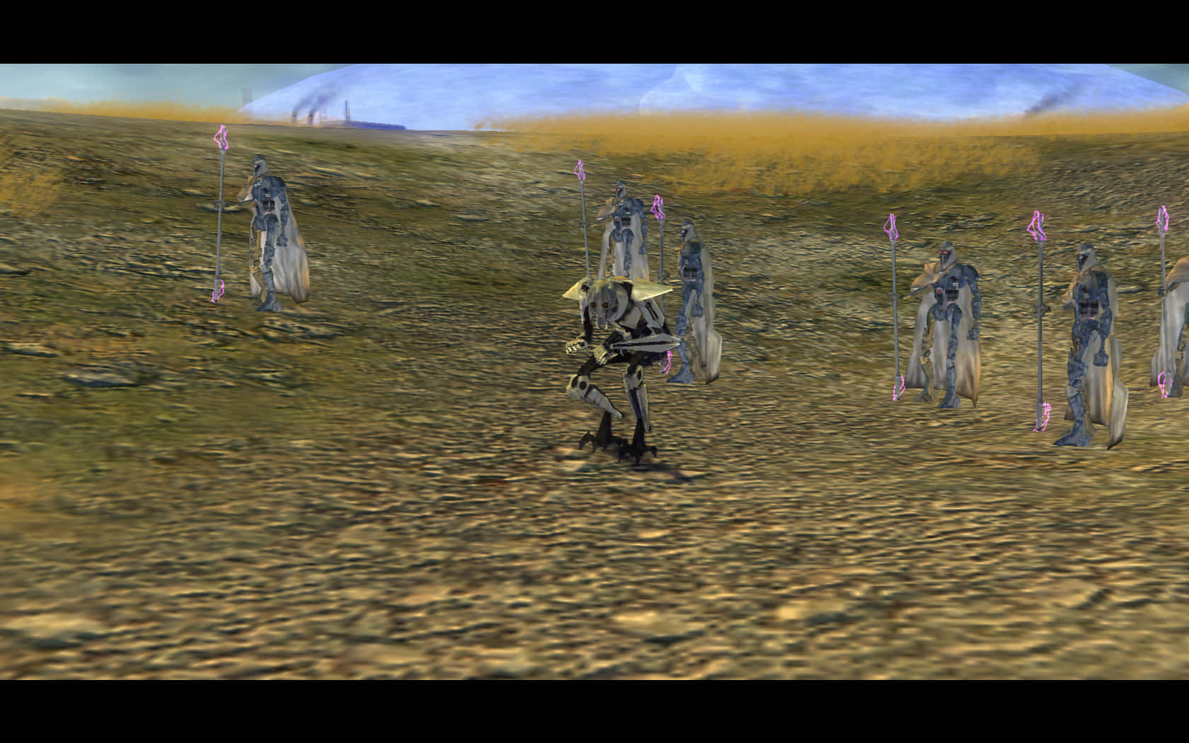 Droid Army, glowing pink spears, barren yellowish field, HD Desktop Wallpaper