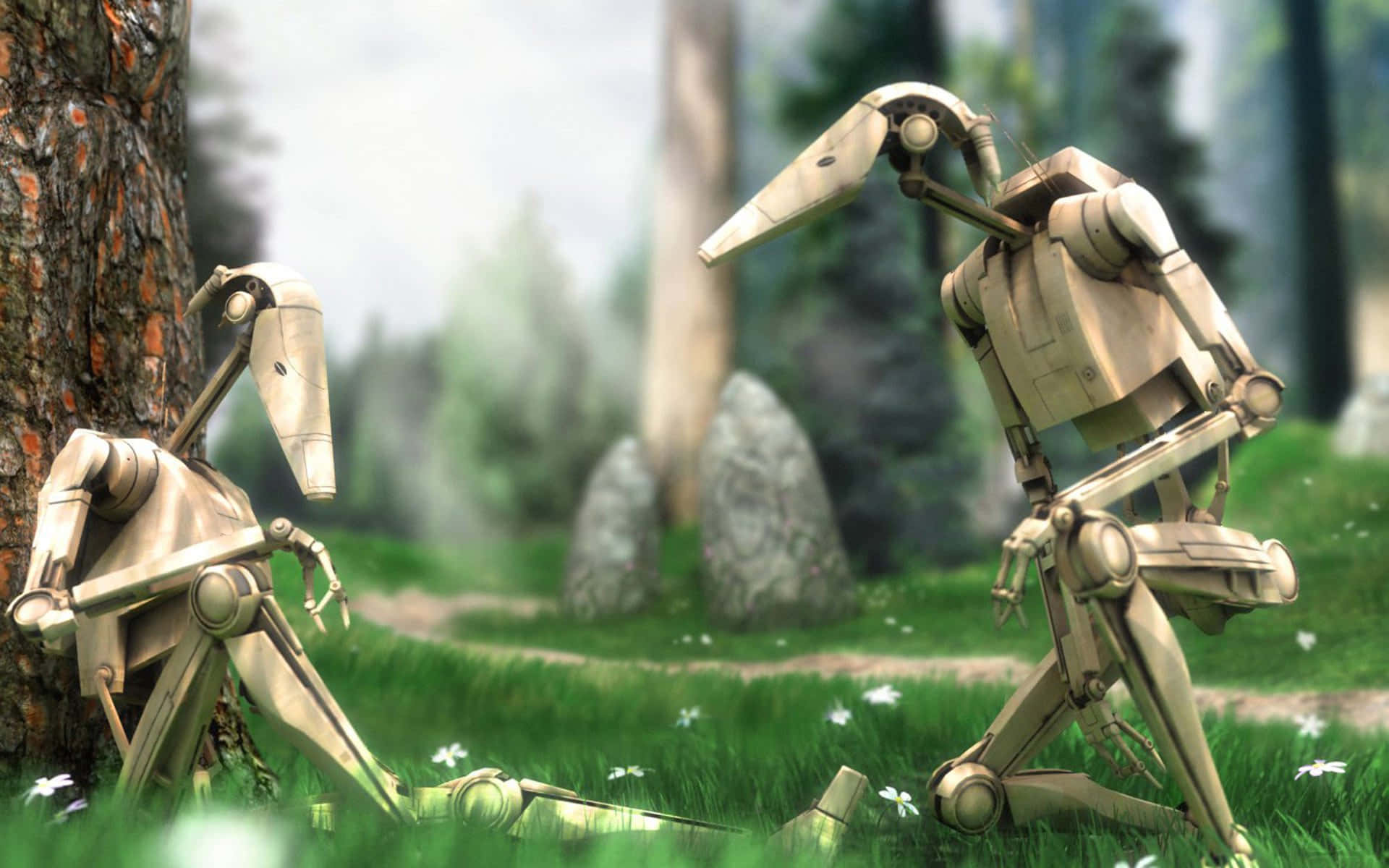 Droid Army, beige droids, sunlit forest clearing, Full HD Desktop Wallpaper