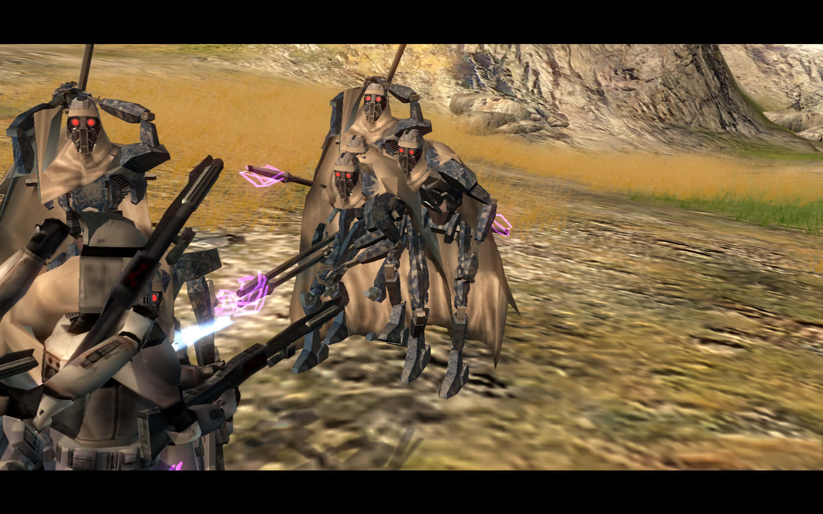 Droid Army, glowing red eyes, purple energy weapons, HD Desktop Wallpaper