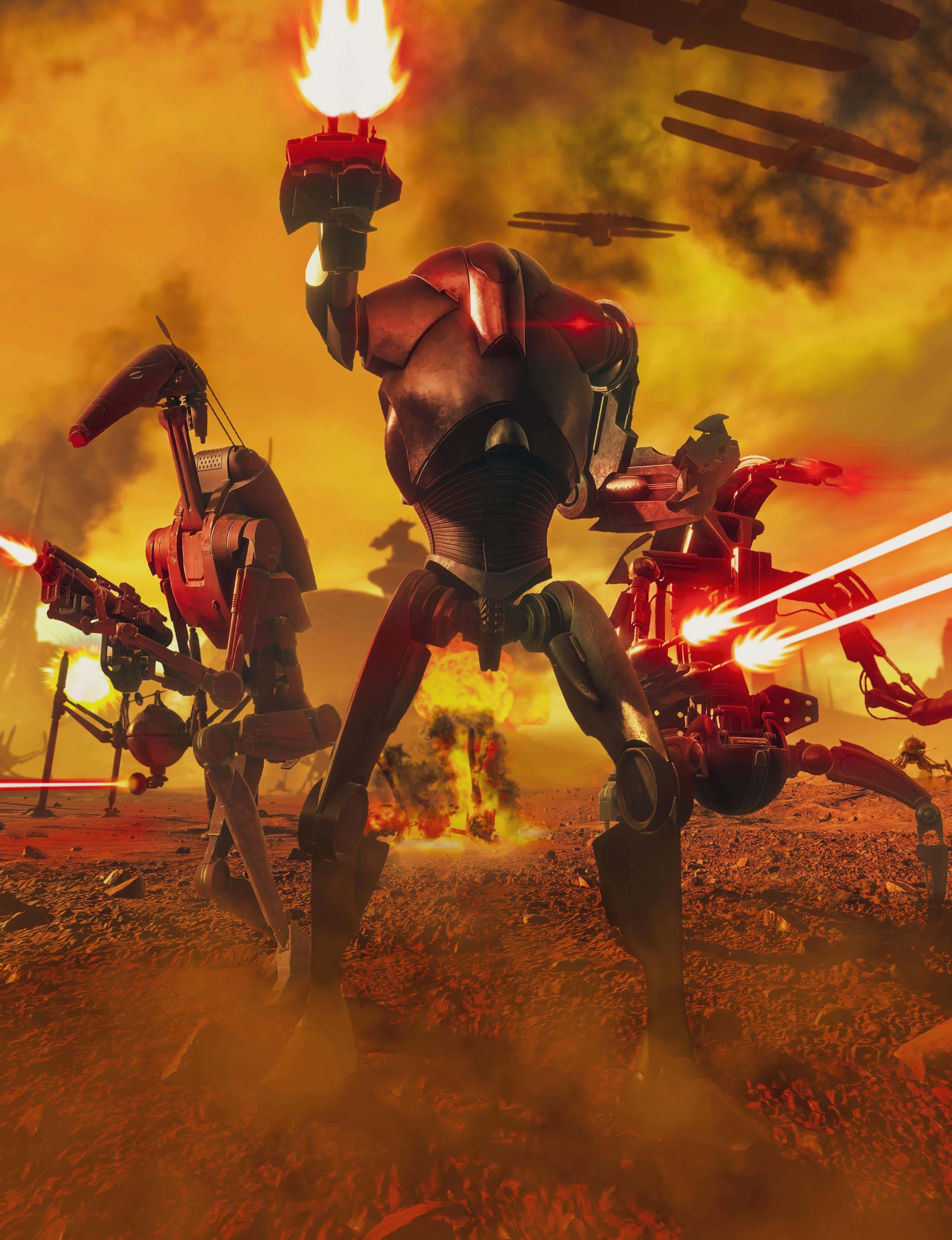 Droid Army, red blasters, fiery orange battlefield, 2K Phone Wallpaper