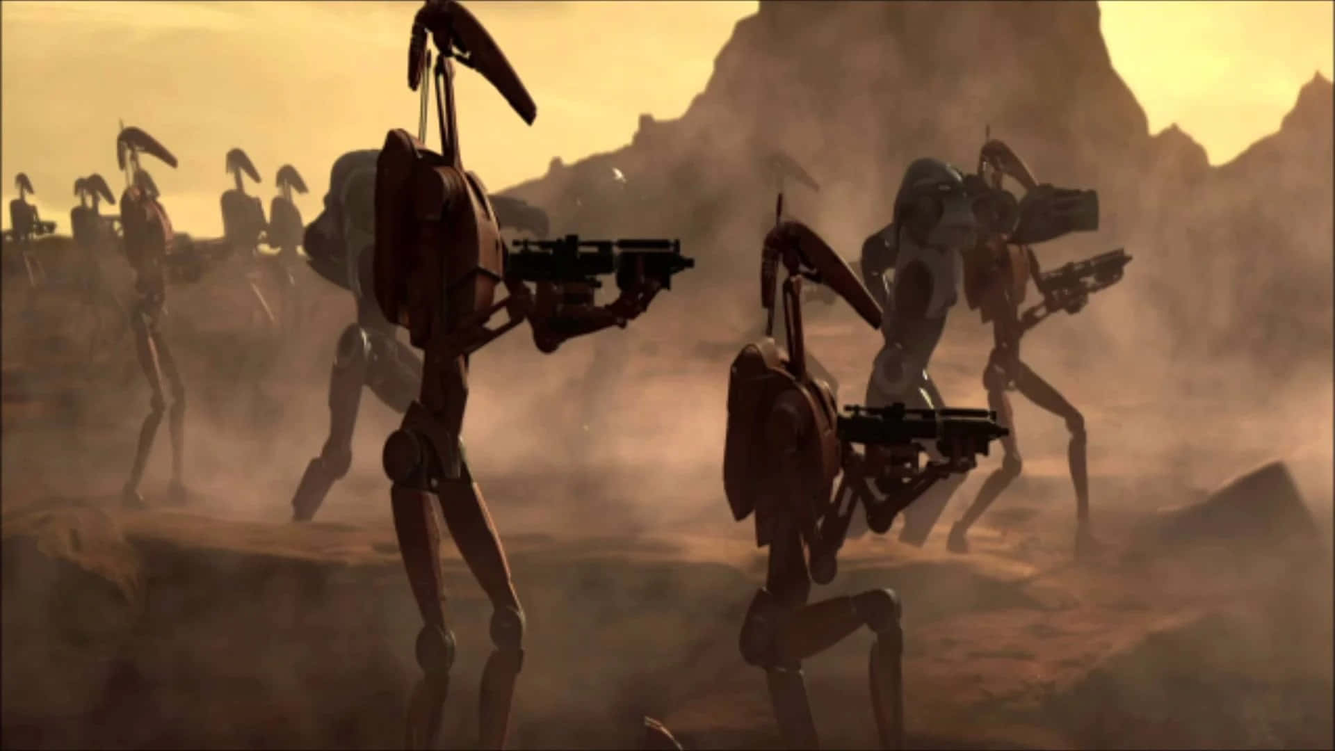 Droid Army, dusty desert battlefield, hazy orange sky, Full HD Desktop Wallpaper
