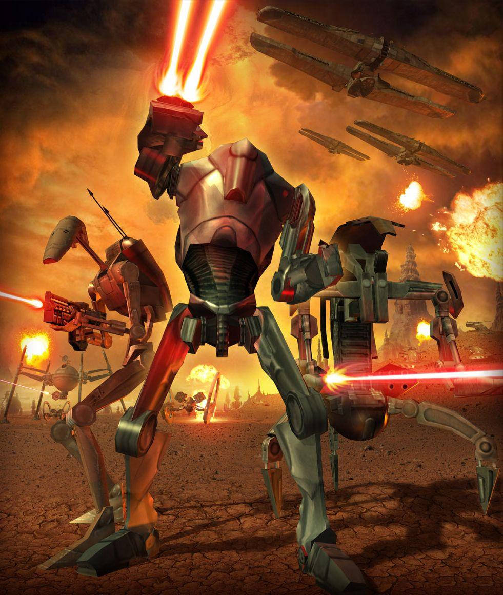 Droid, red lasers, fiery desert battlefield, SD Phone Wallpaper
