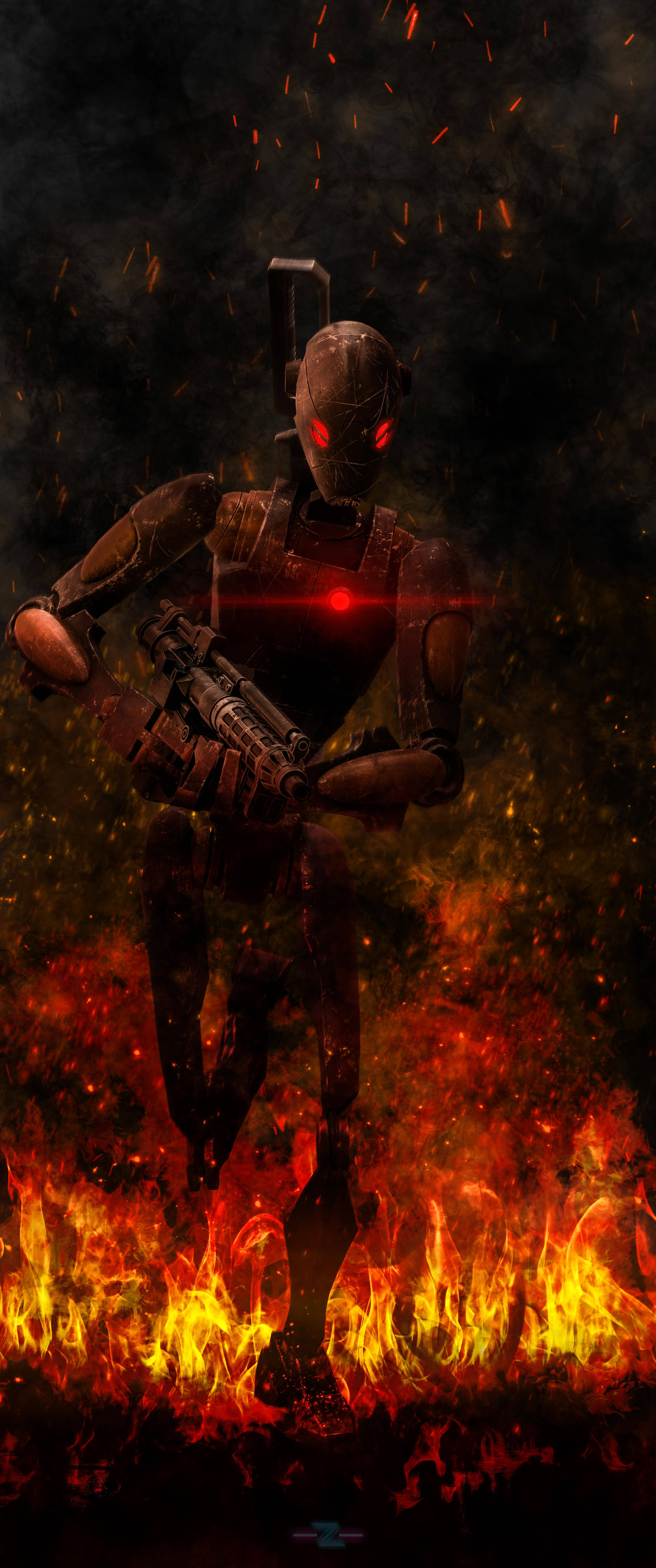 Droid, flames, glowing red eyes, 5K Phone Wallpaper