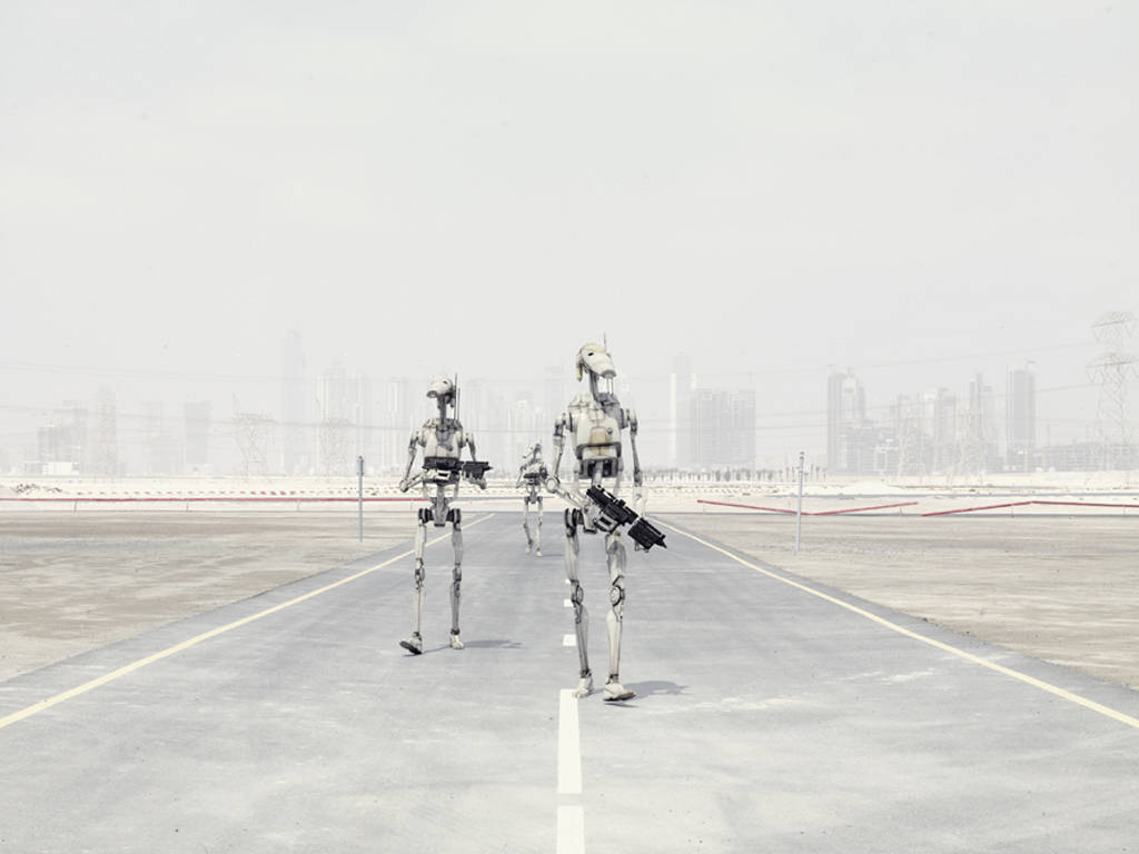 Droid, highway, futuristic city skyline, SD Desktop Wallpaper