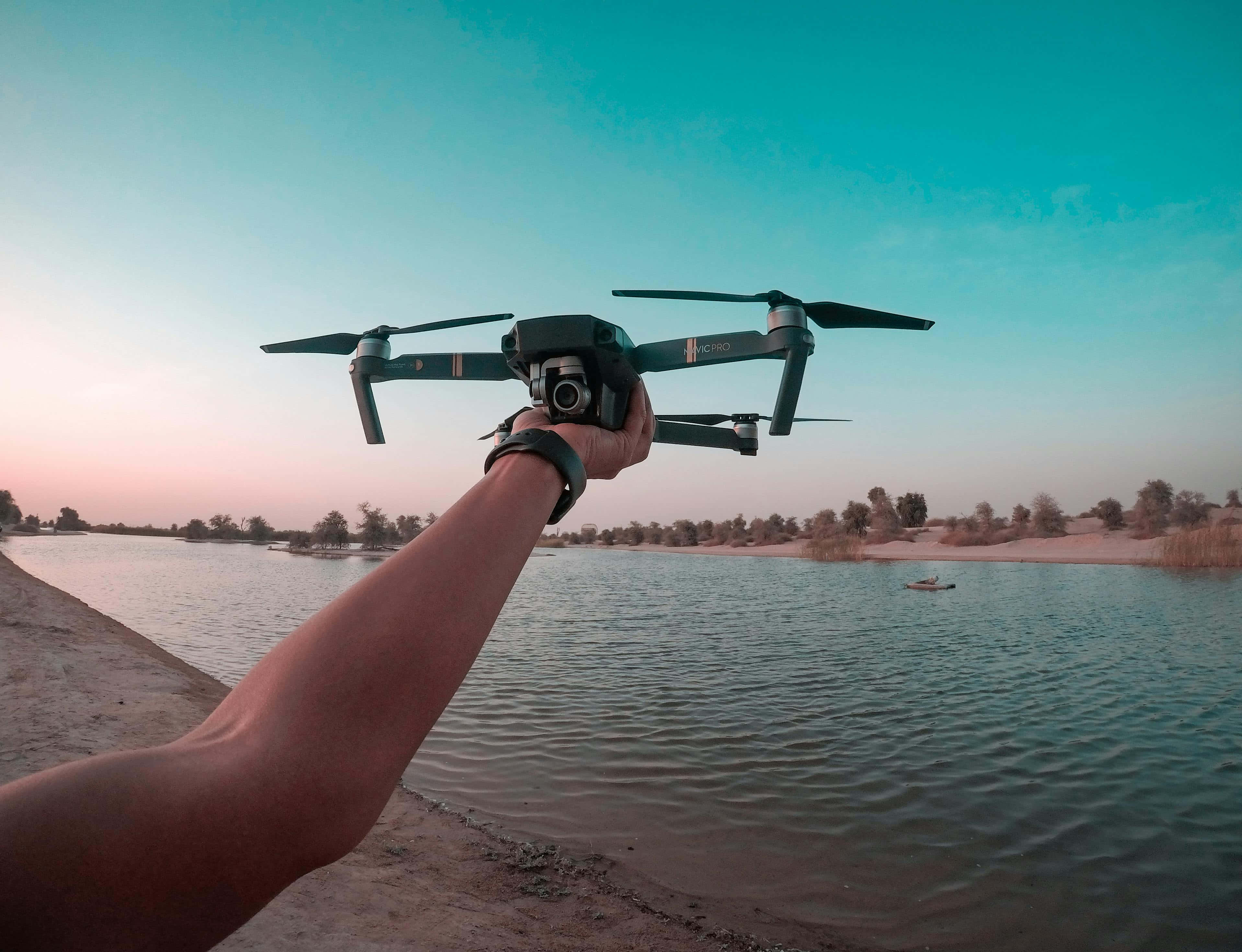 drone, lakeside, sunset, 2K Desktop Wallpaper