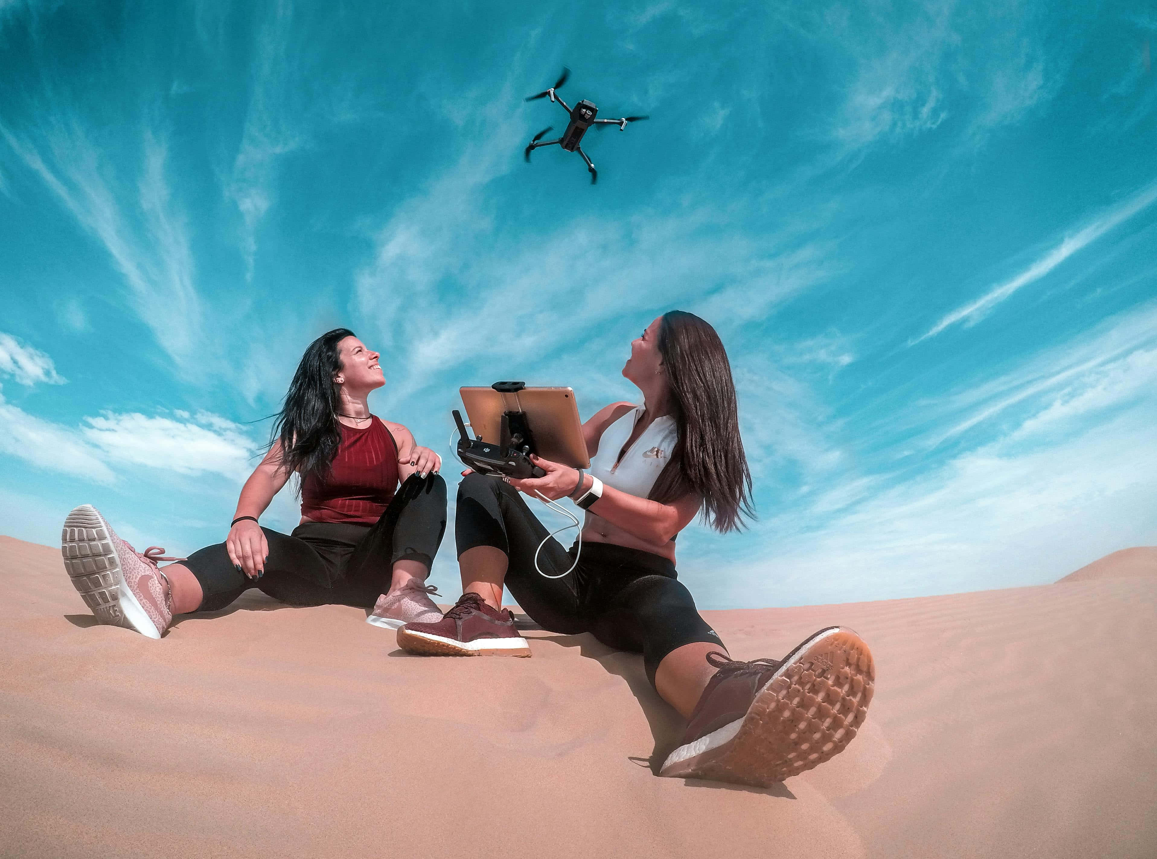 desert dune, vibrant blue sky, drone, 2K Desktop Wallpaper