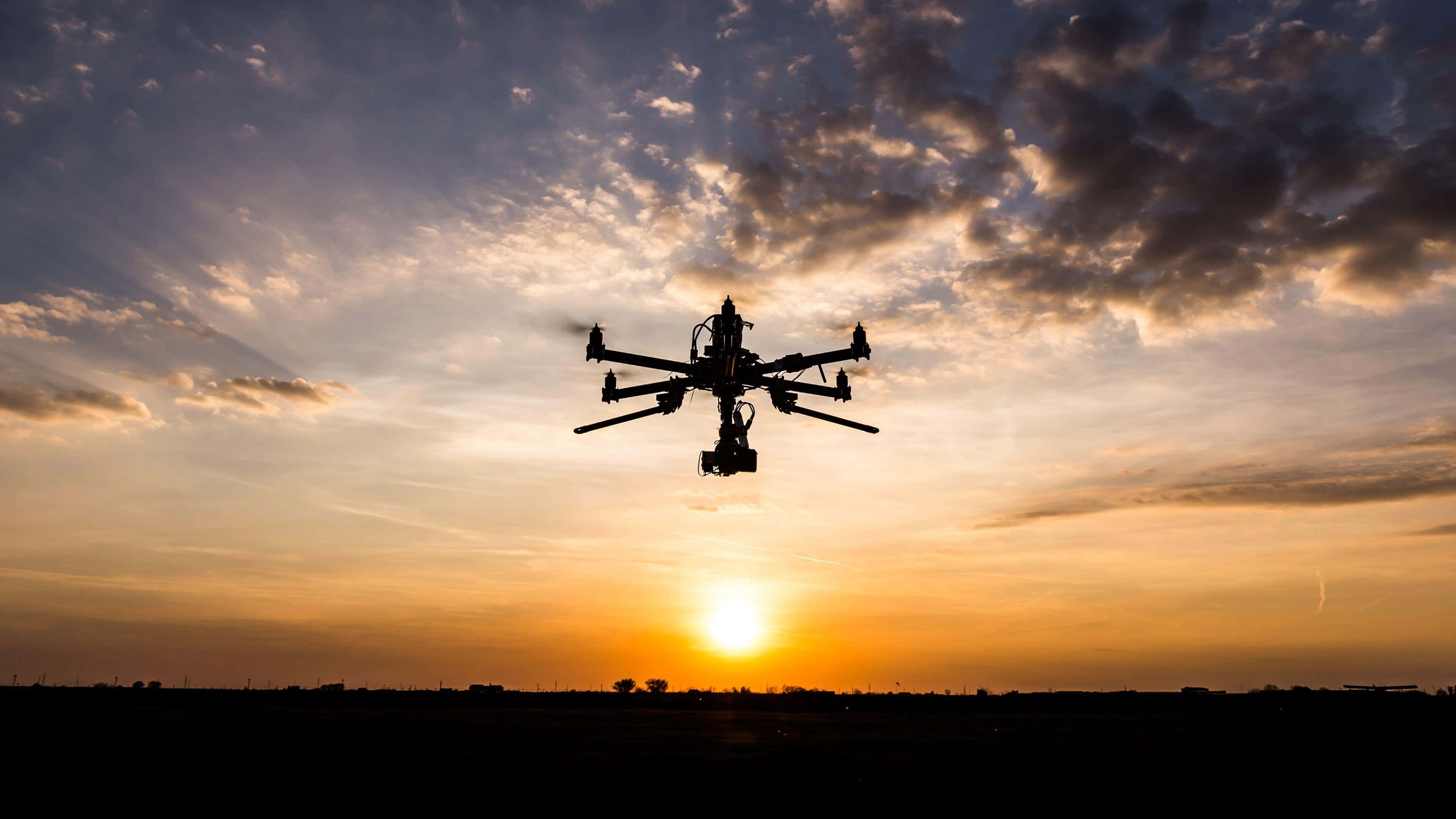 hexacopter drone, sunset sky, golden clouds, 4K Desktop Wallpaper