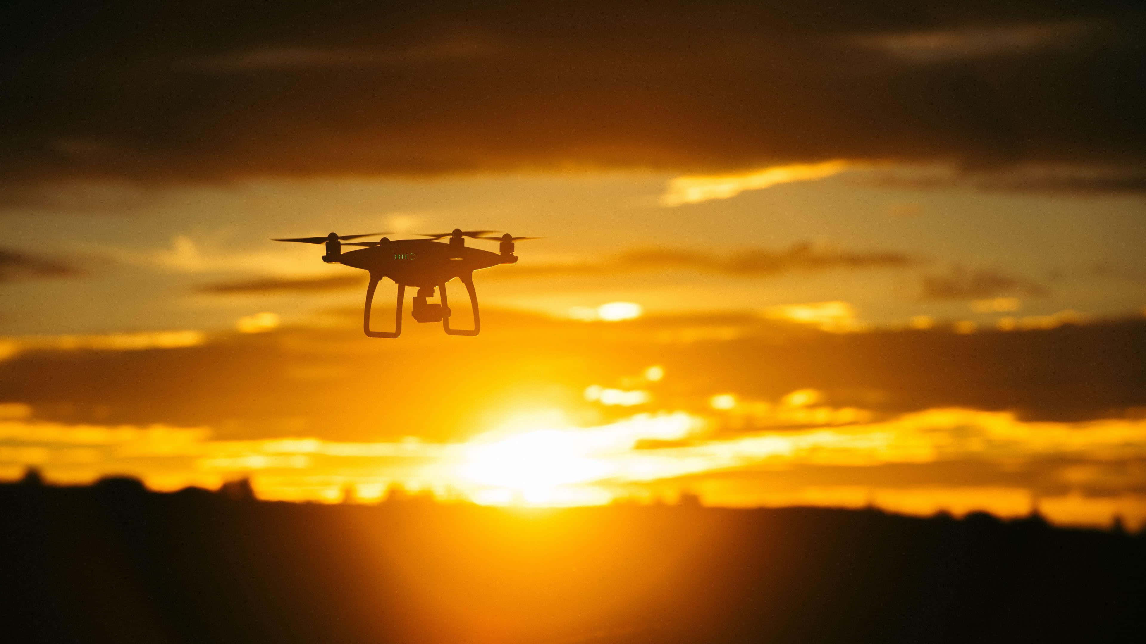 drone, silhouette, sunset sky, 4K Desktop Wallpaper