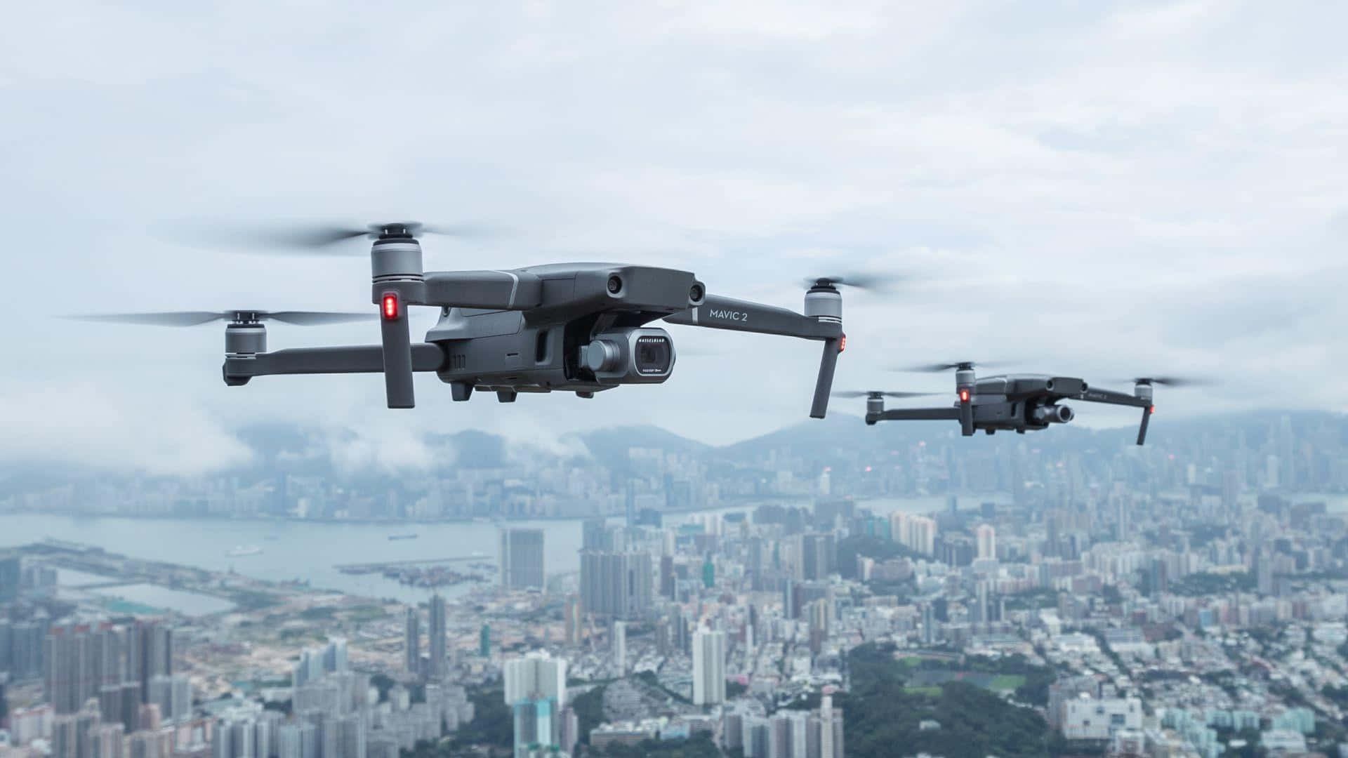 drones, cityscape, hazy mountains, Full HD Desktop Wallpaper