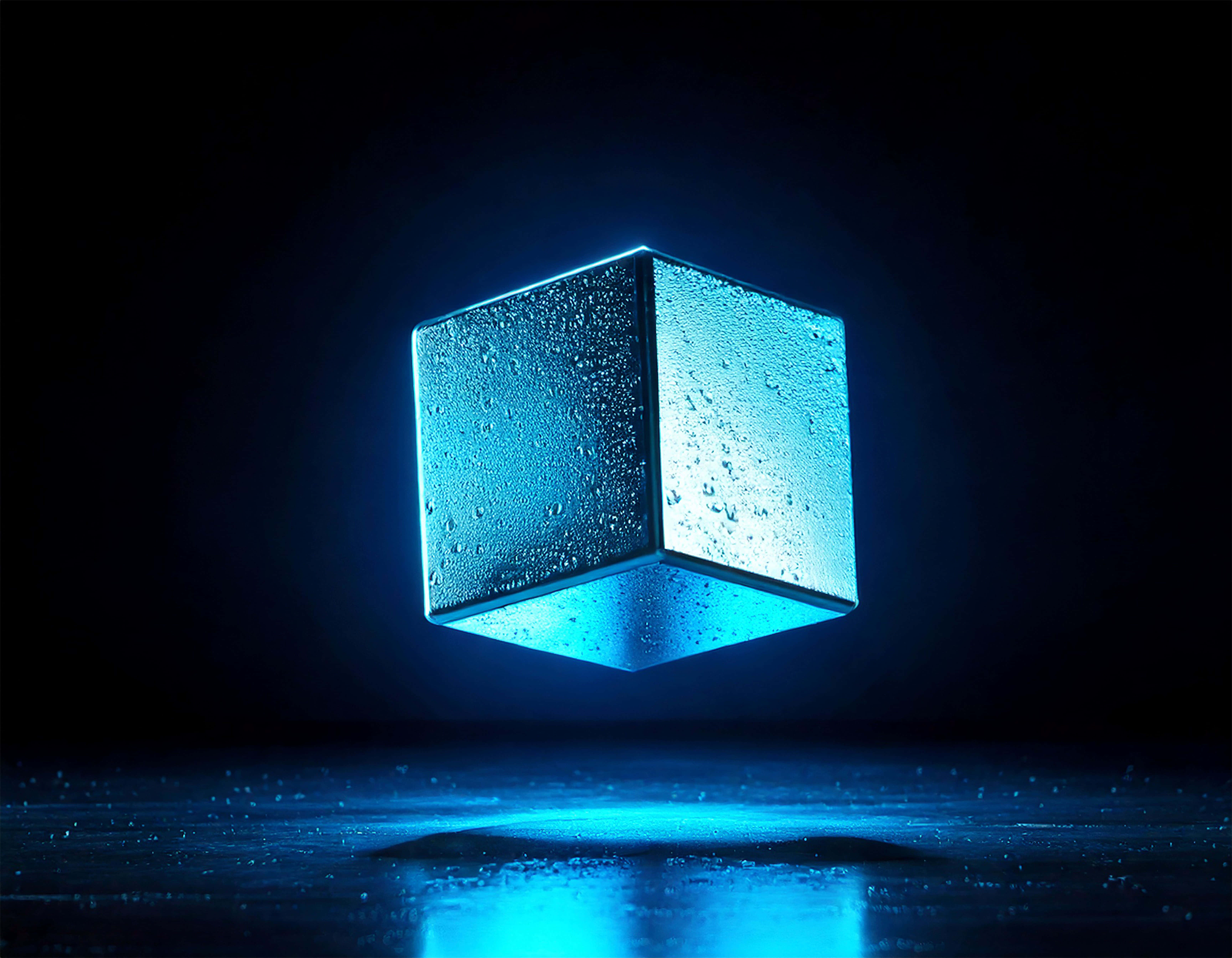 metallic cube, glowing blue cube, water droplets, 5K Desktop Wallpaper