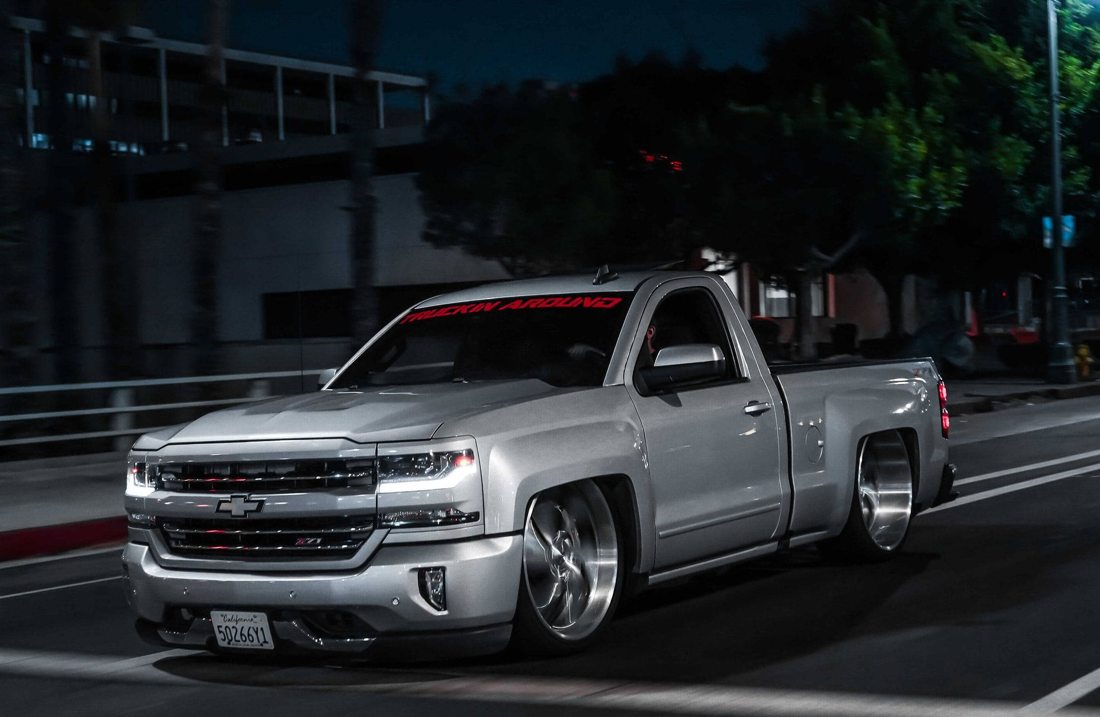 Chevrolet pickup truck, silver, red window decals, Full HD Desktop Wallpaper