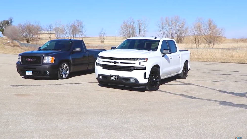 black and white, modern pickup trucks, open asphalt lot, SD Desktop Wallpaper