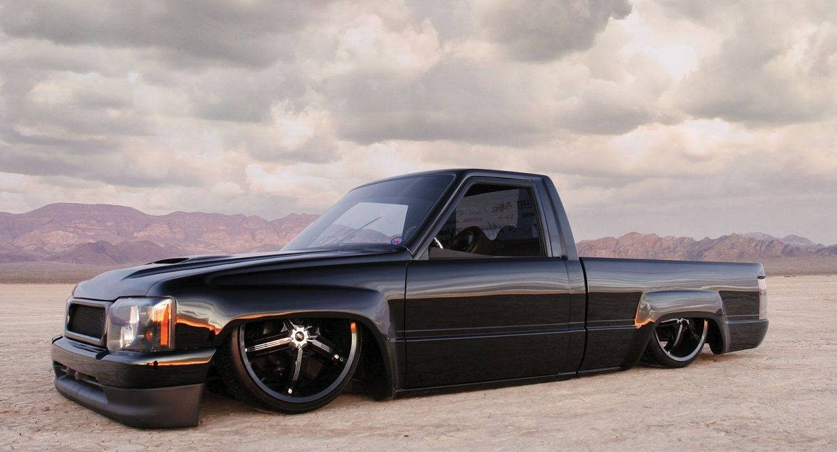 black, custom lowered pickup truck, desert, SD Desktop Wallpaper