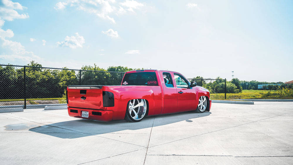 red, glossy red custom lowered pickup truck, concrete lot, SD Desktop Wallpaper