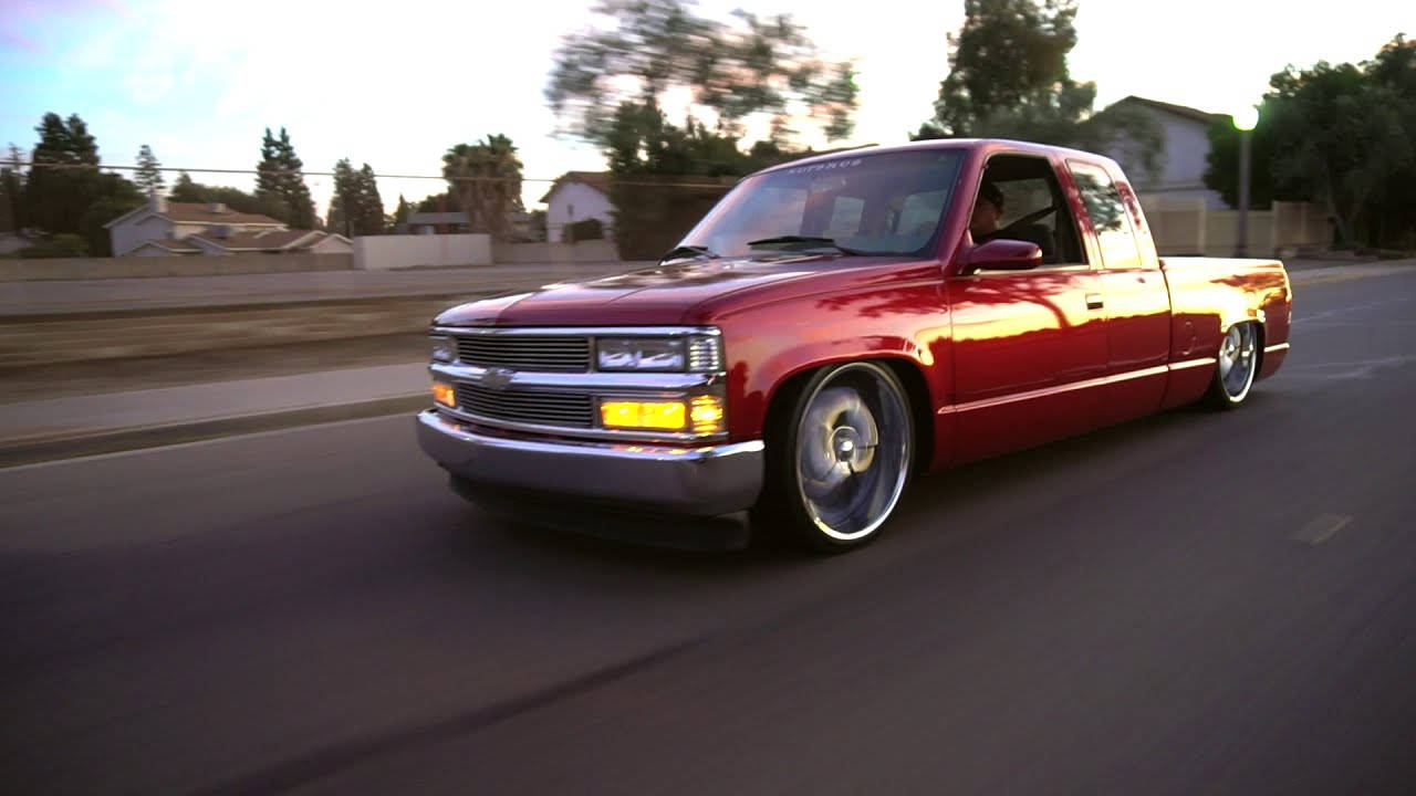 red, glossy red custom pickup truck, suburban street, HD Desktop Wallpaper