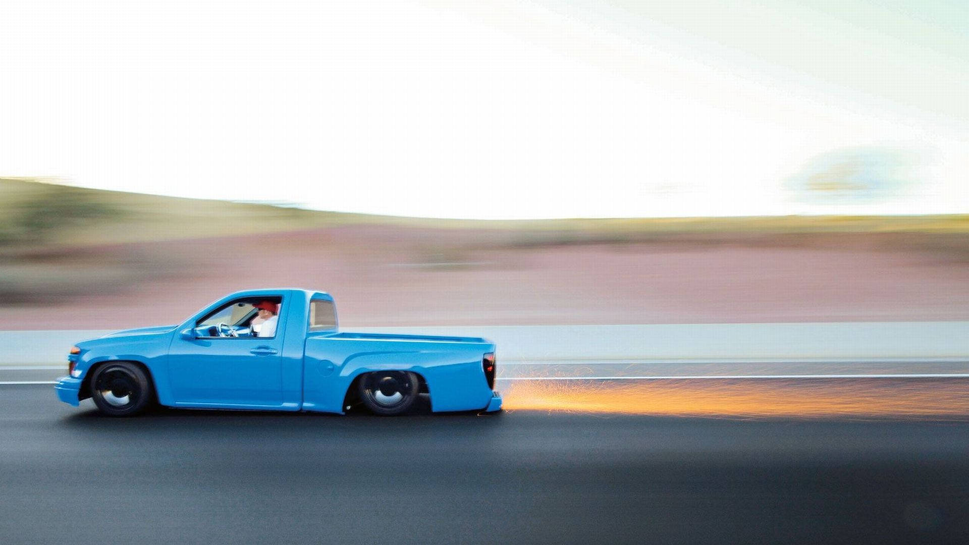 vibrant blue, custom pickup truck, desert highway, Full HD Desktop Wallpaper
