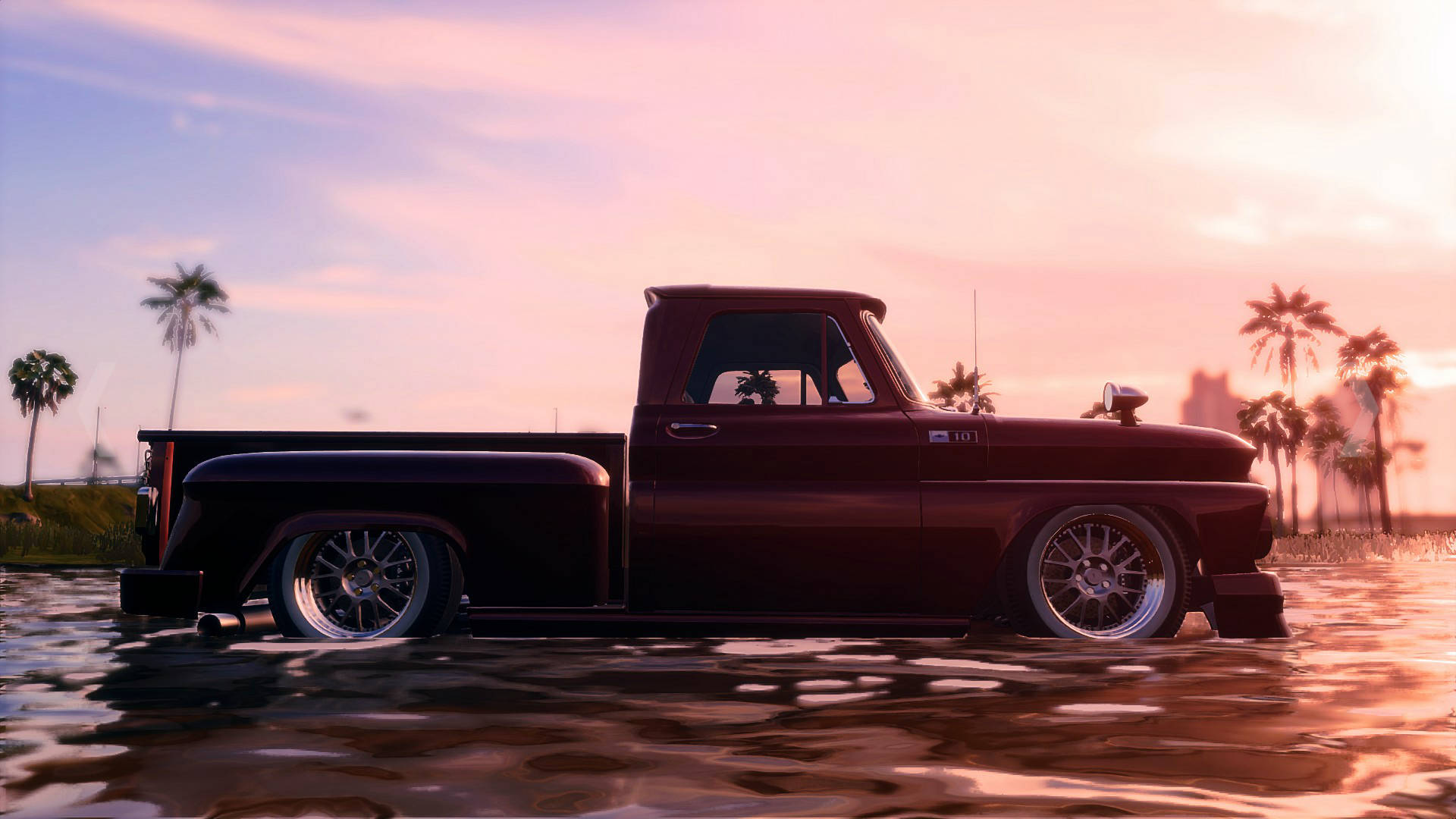 vintage maroon pickup truck, shallow water, soft pink and orange sunset sky, Full HD Desktop Wallpaper