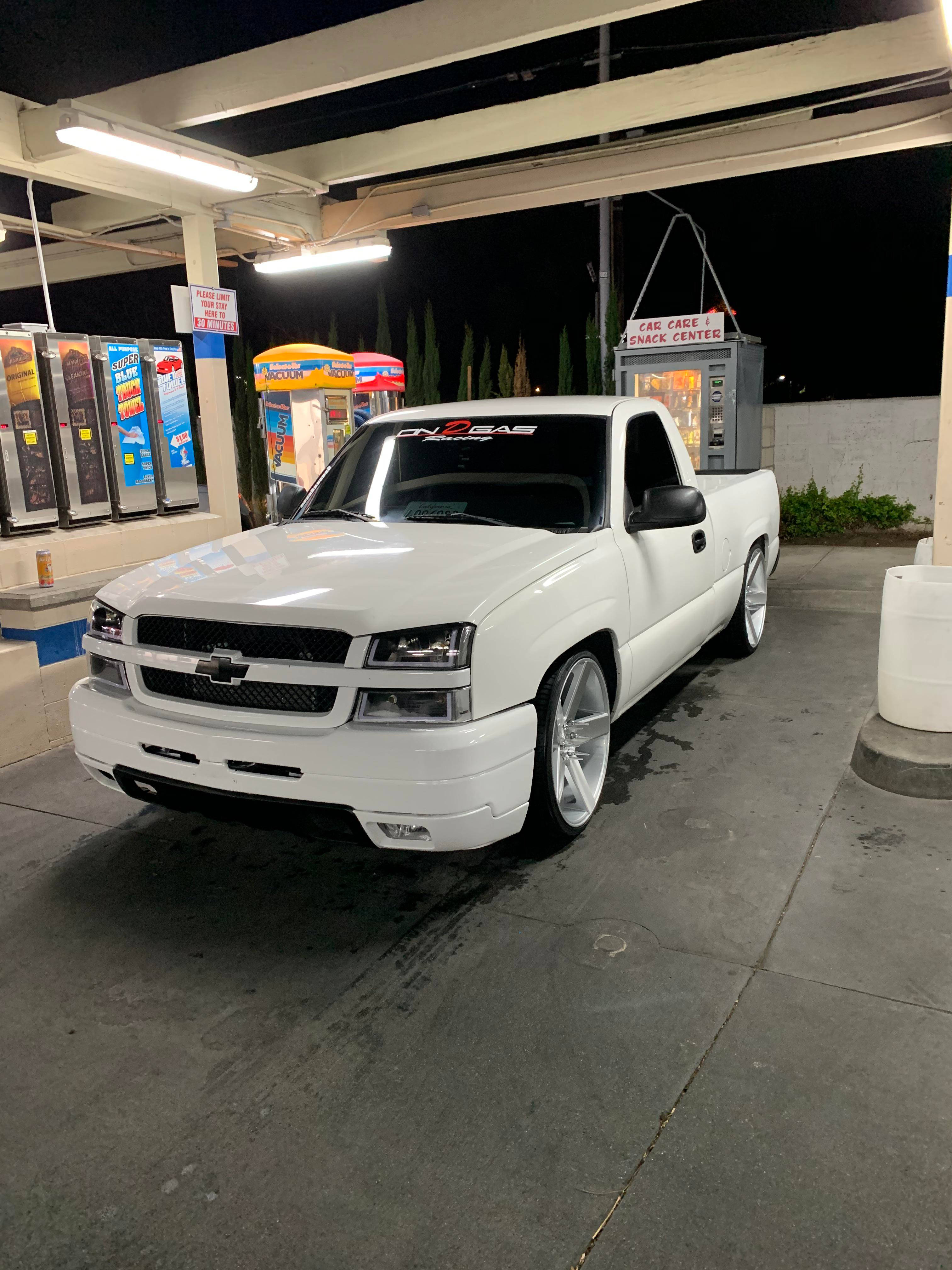 Chevrolet pickup truck, custom rims, nighttime gas station, 4K Phone Wallpaper