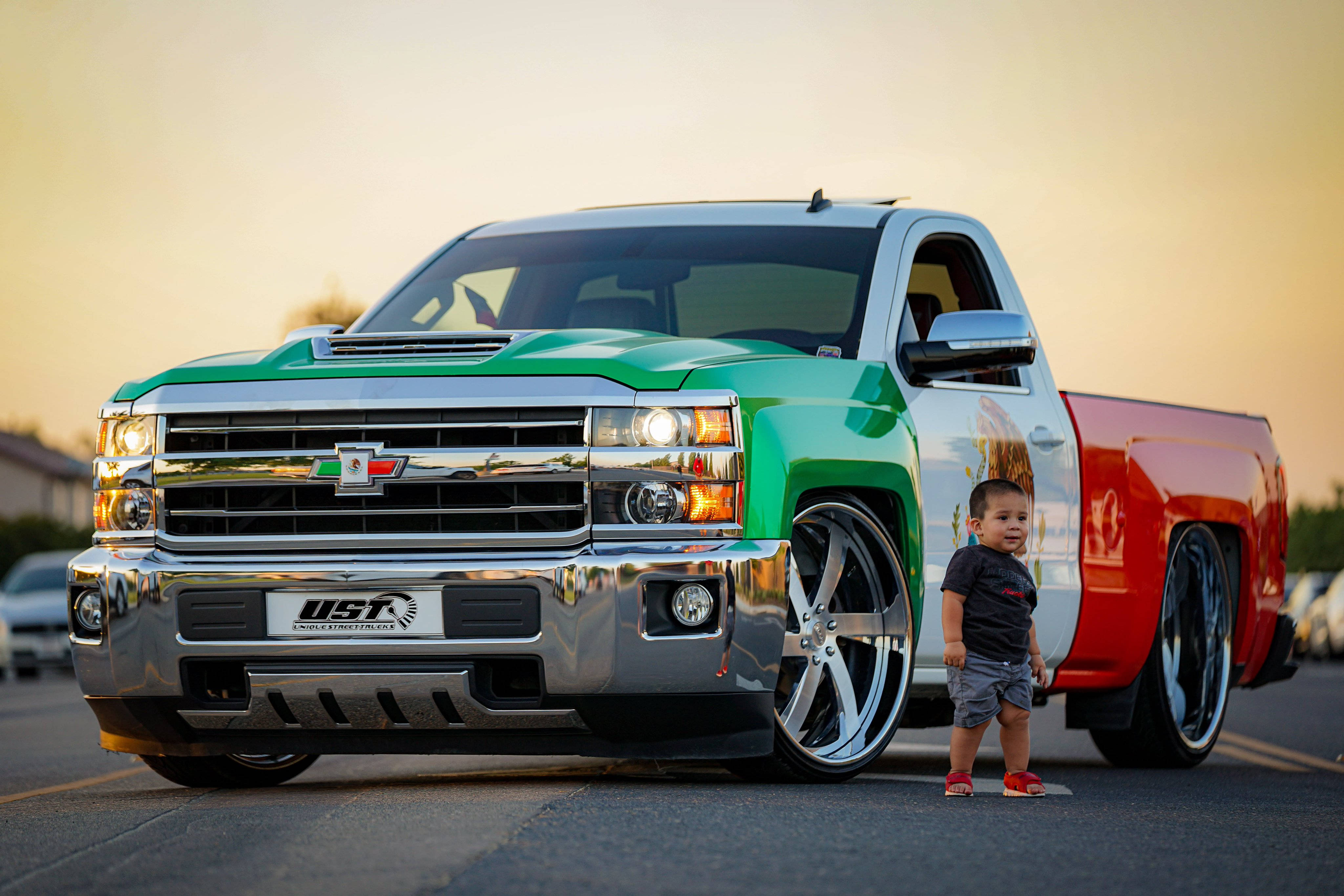 Chevrolet pickup truck, custom green and red, chrome accents, 4K Desktop Wallpaper