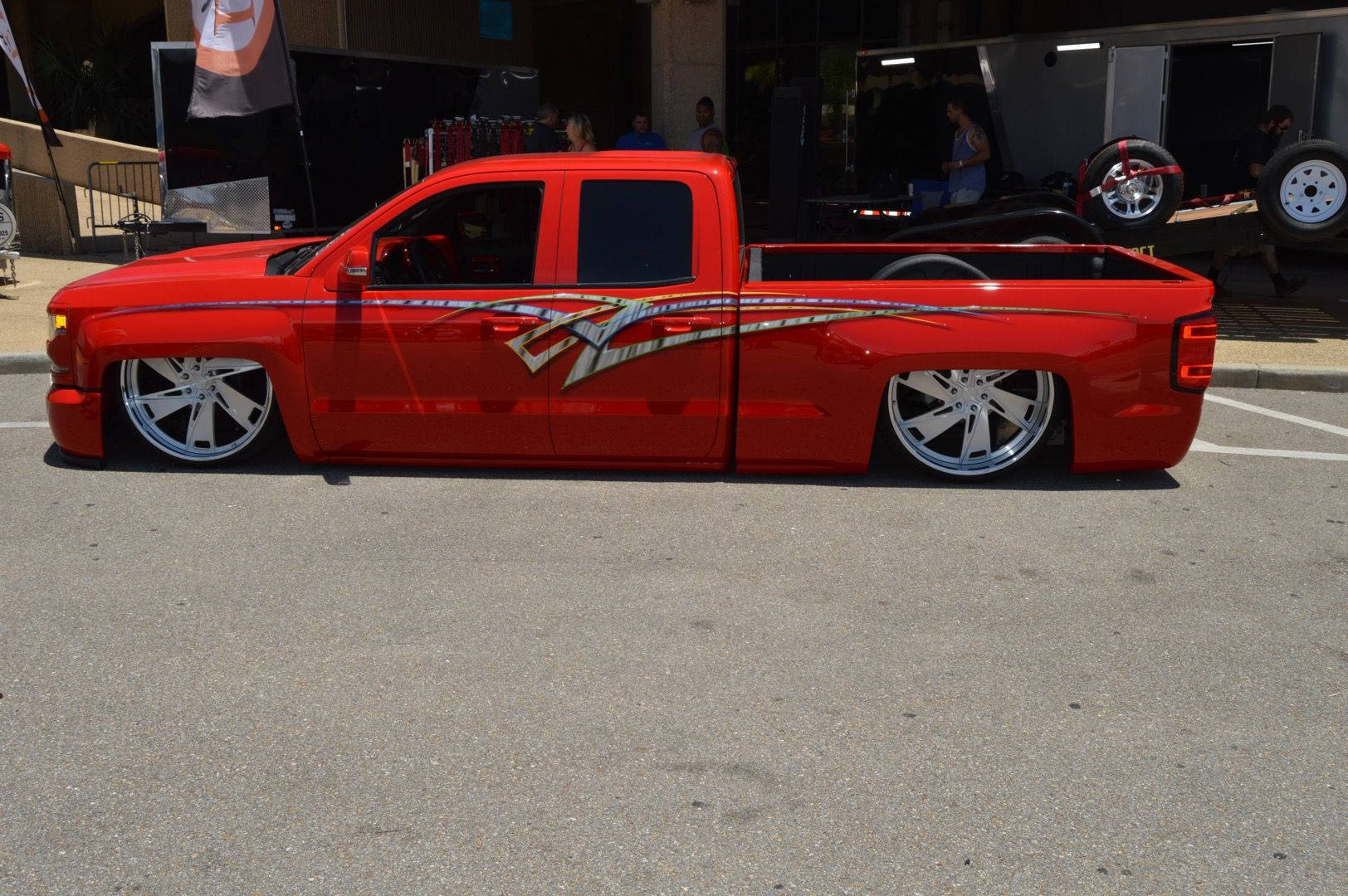 super low red dropped truck, vibrant red, custom lowered pickup truck, HD Desktop Wallpaper