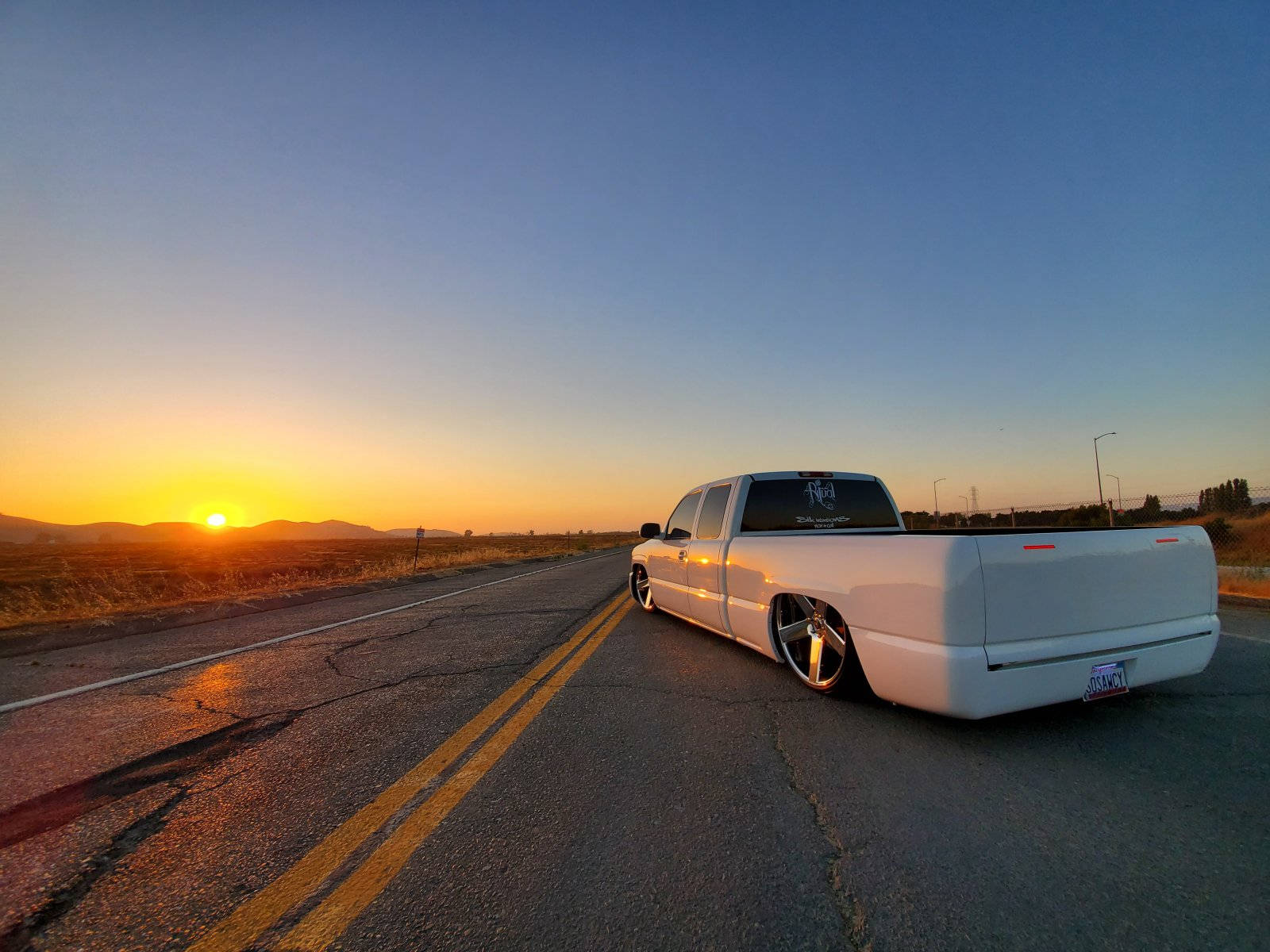 white custom lowered pickup truck, desert highway, sunset, HD Desktop Wallpaper