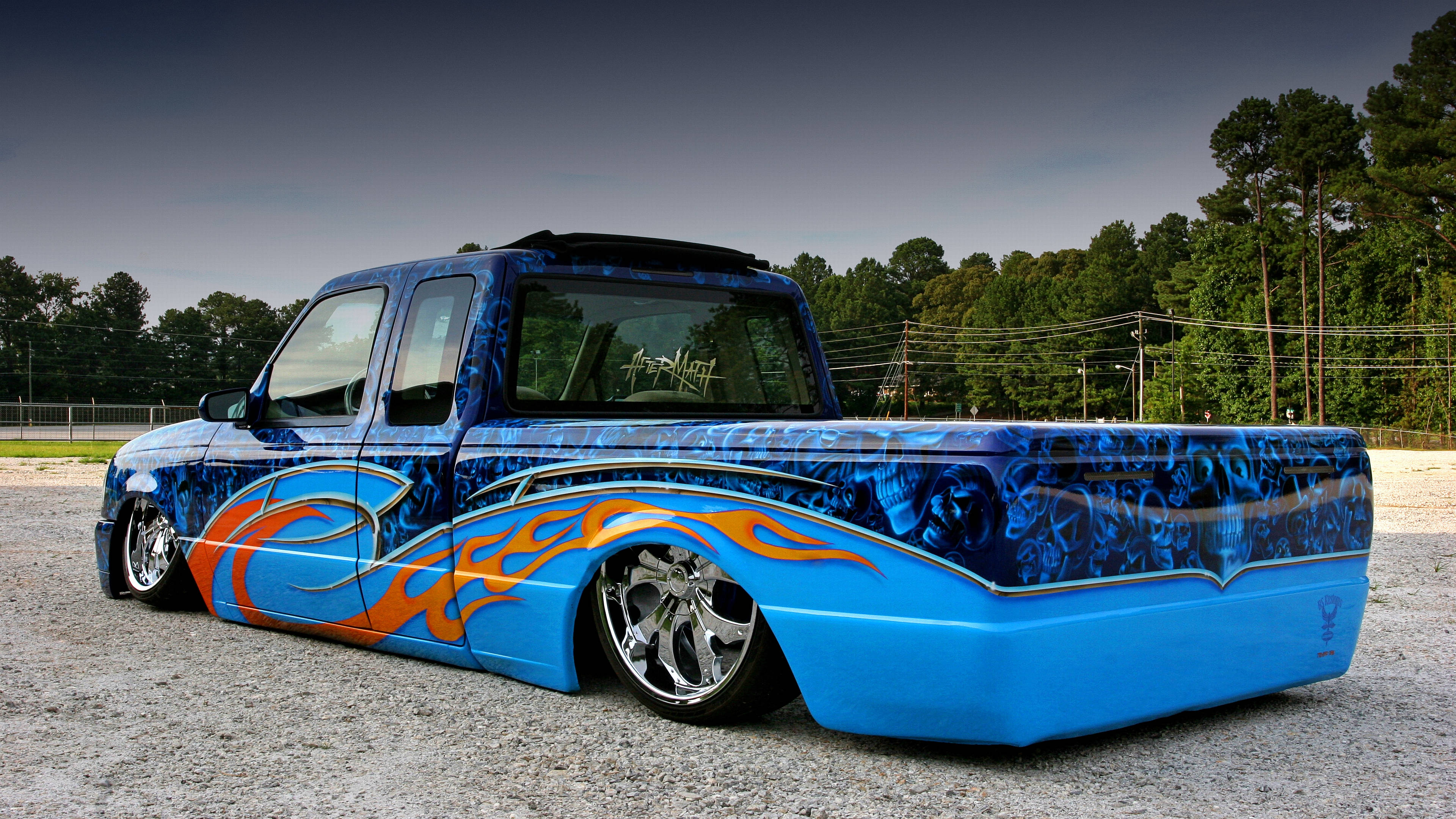 blue, flame decals, pickup truck, 4K Desktop Wallpaper