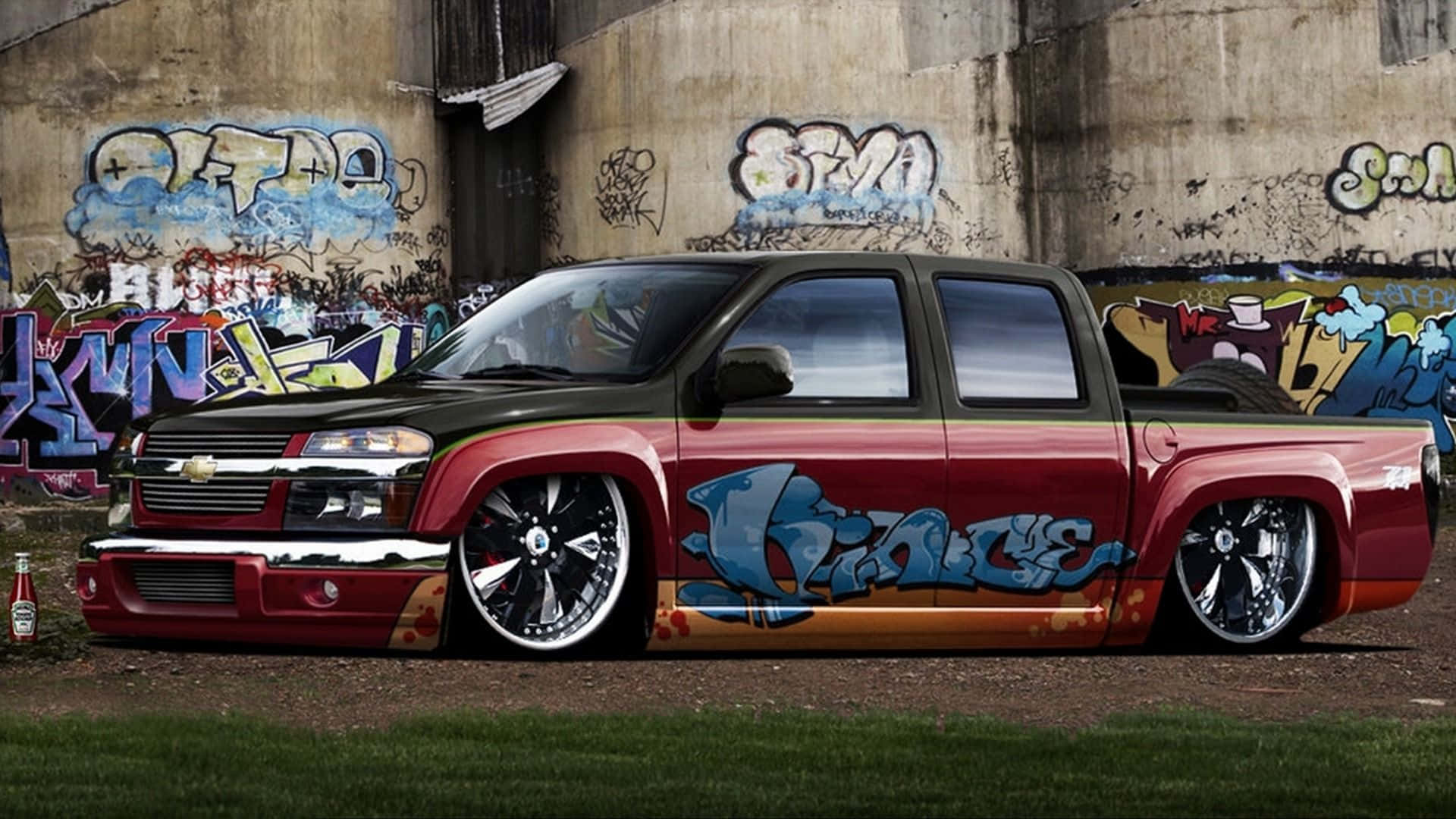 Chevrolet pickup truck, red and black, graffiti art, Full HD Desktop Wallpaper