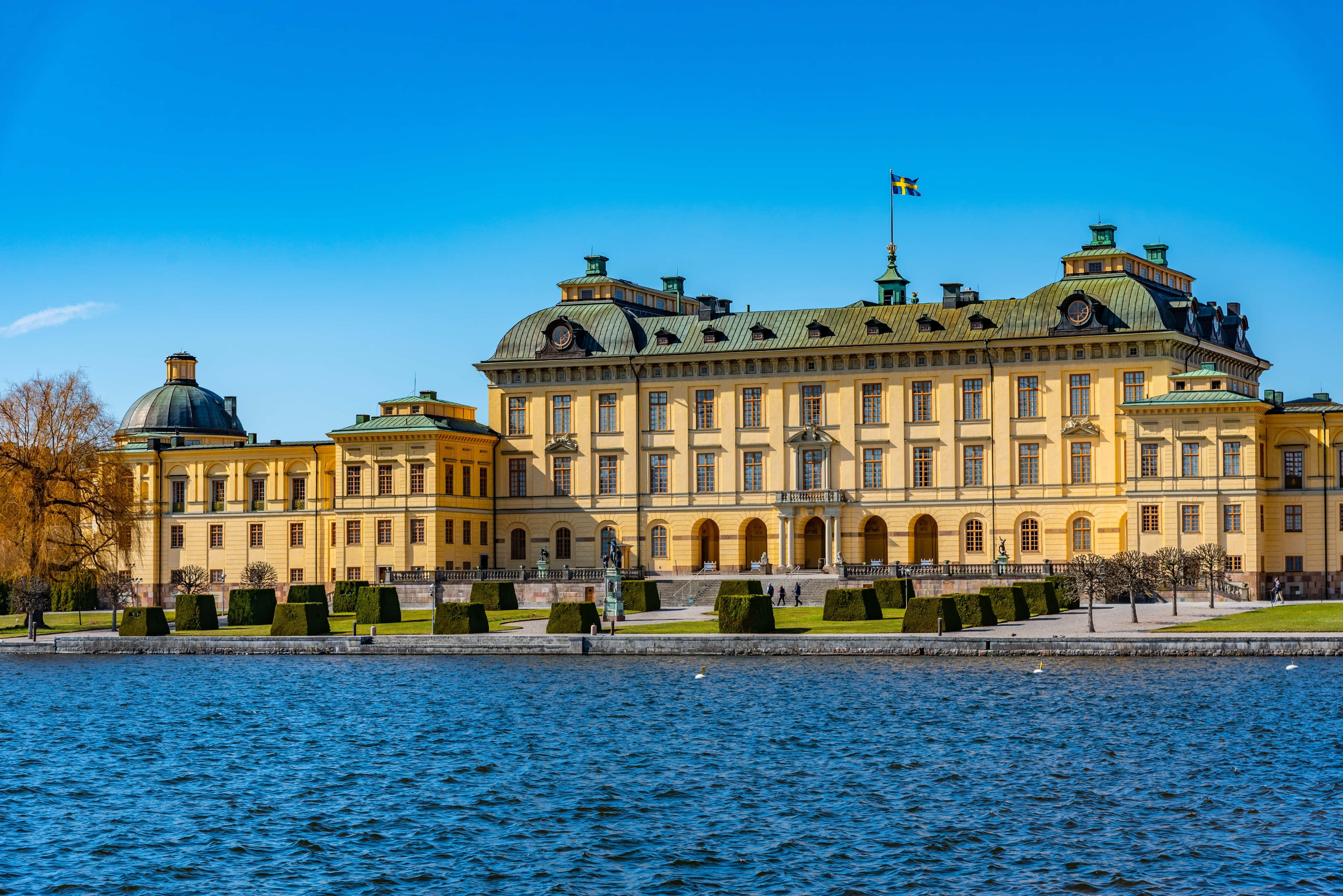 Drottningholm Palace, yellow palace, green roof, 4K Desktop Wallpaper