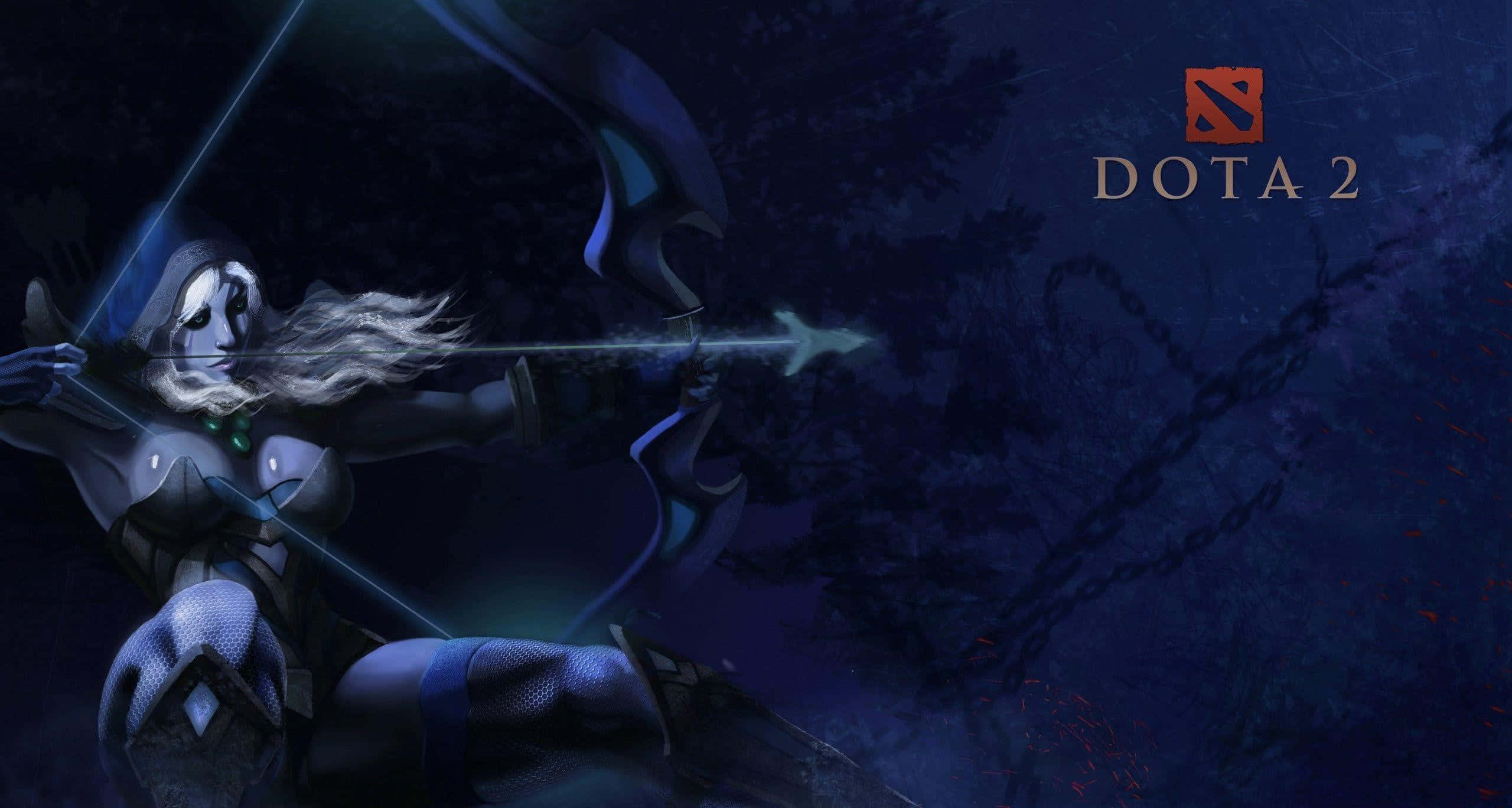 Drow Ranger, glowing green eyes, flowing white hair, 2K Desktop Wallpaper
