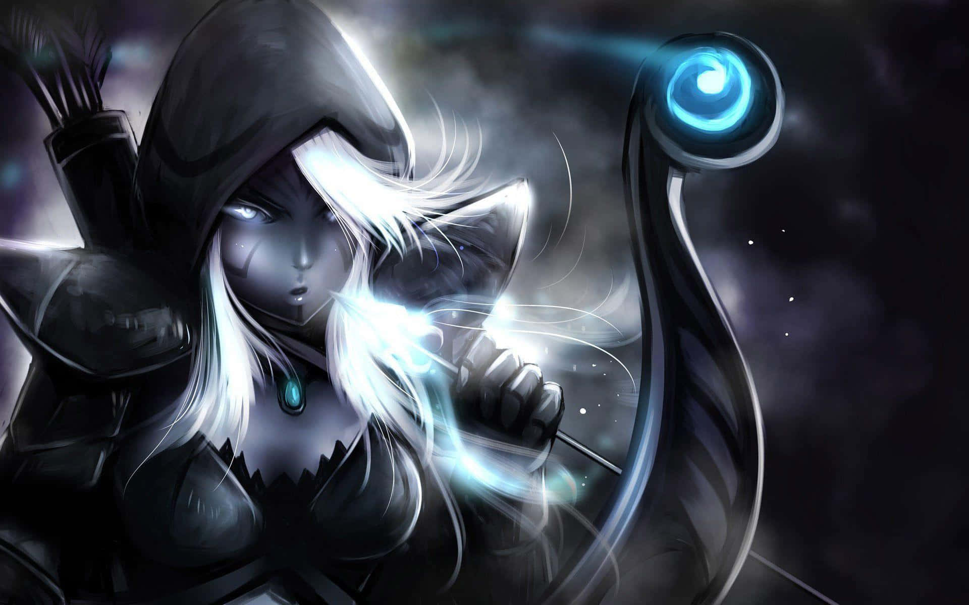 Drow Ranger, glowing blue eyes, white hair, Full HD Desktop Wallpaper
