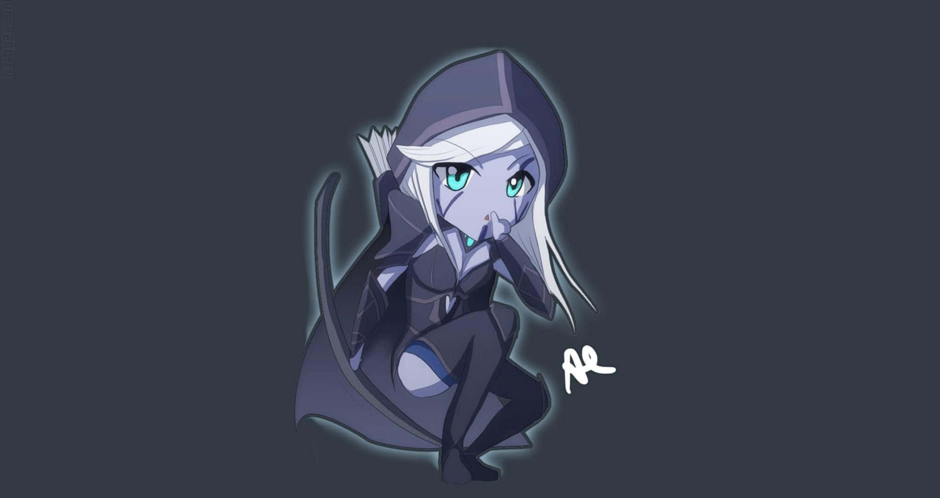 Drow Ranger, chibi anime girl, glowing cyan eyes, Full HD Desktop Wallpaper