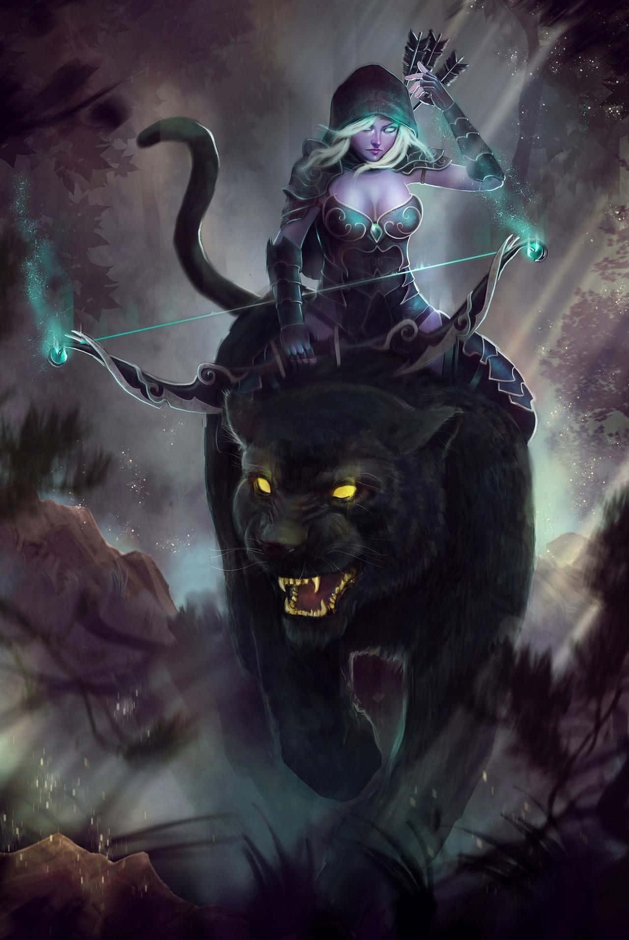 Drow Ranger, glowing arrows, snarling black panther, HD Phone Wallpaper