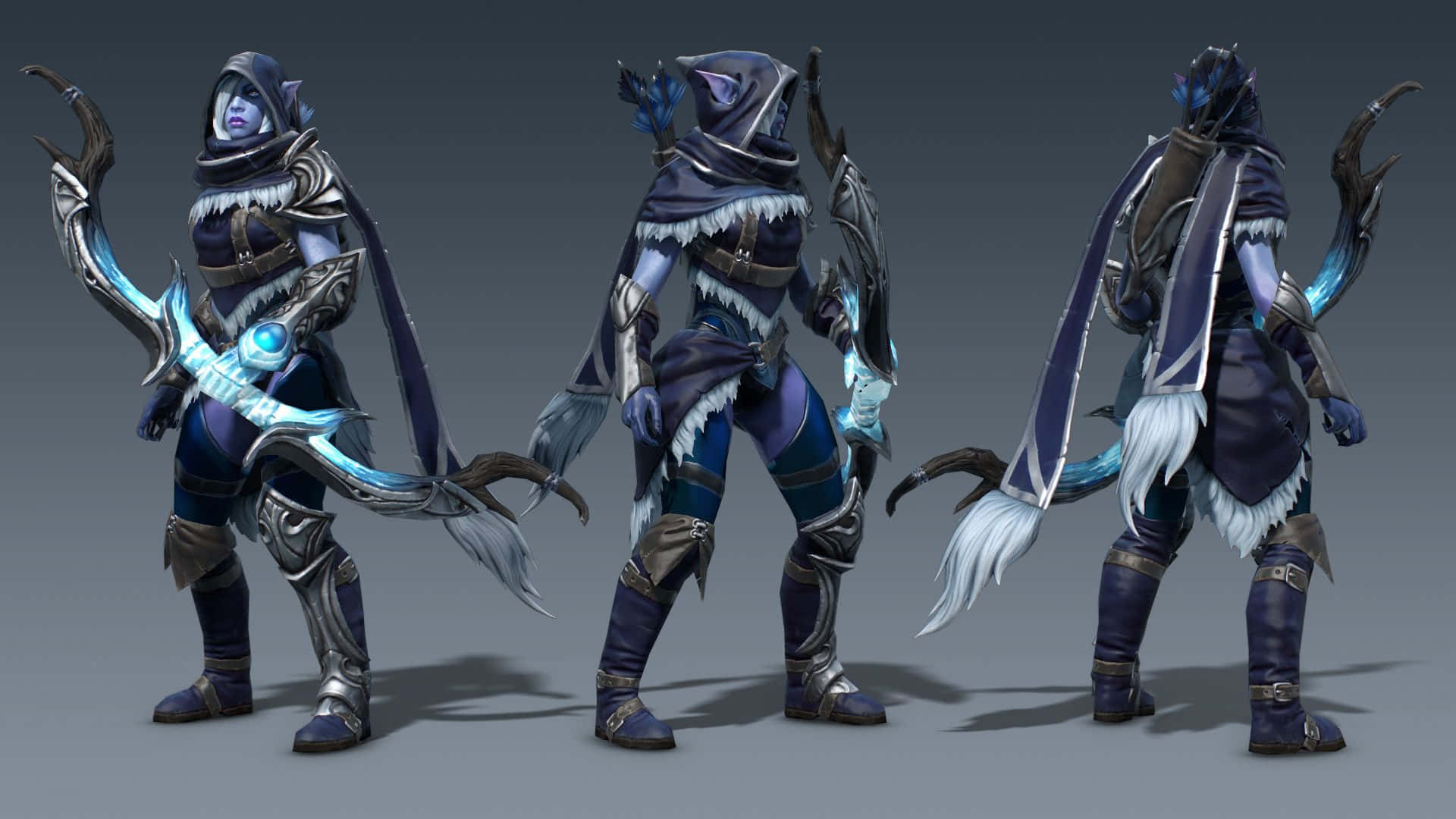 Drow Ranger, glowing blue weapons, white fur trim, Full HD Desktop Wallpaper