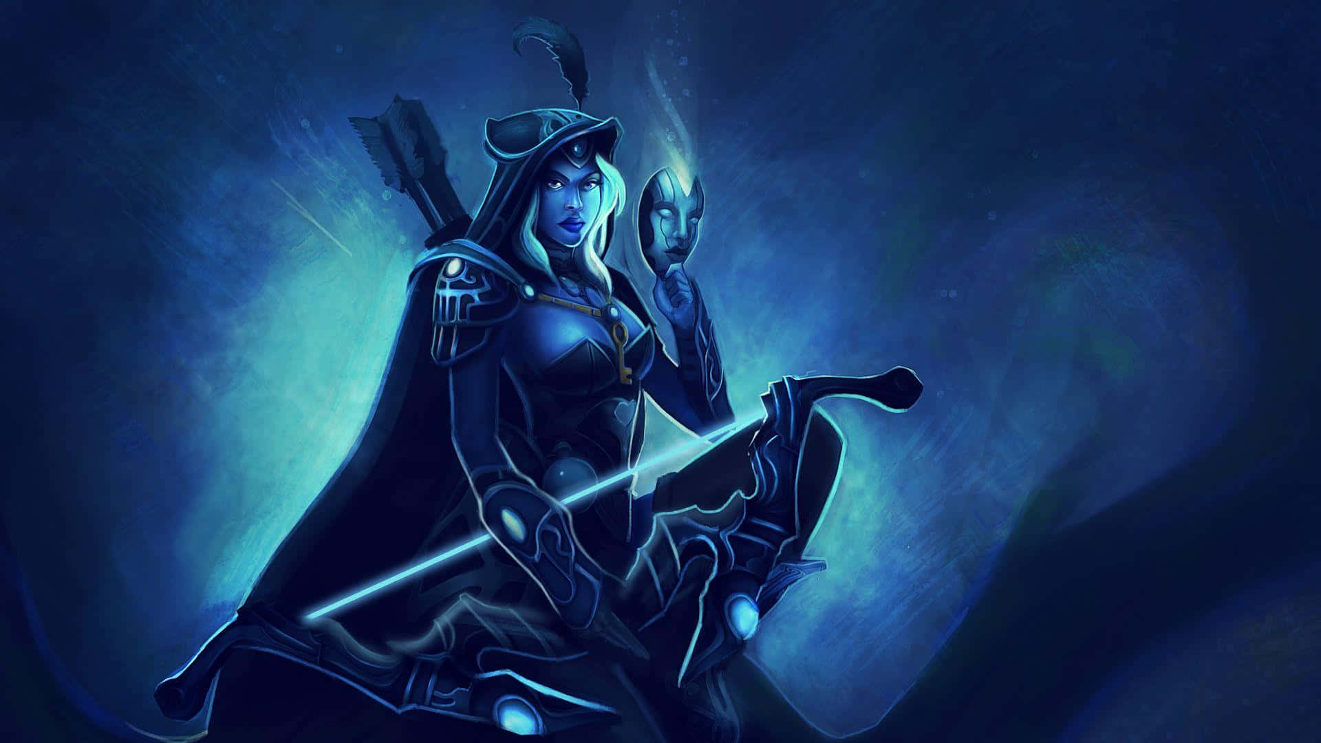 Drow Ranger, blue-skinned archer, glowing eyes, Full HD Desktop Wallpaper