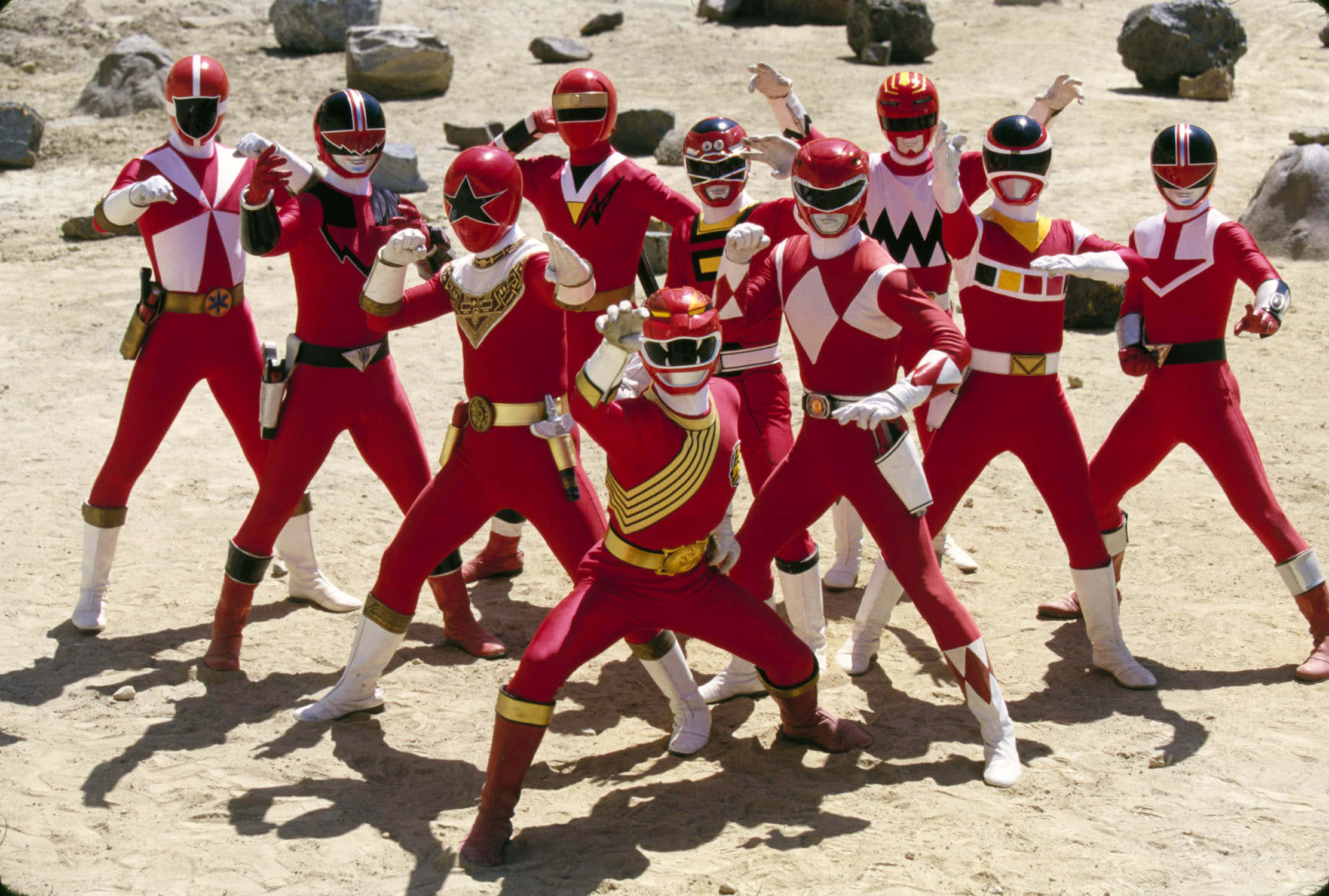 Red Ranger, red and white armored heroes, sunlit rocky terrain, Full HD Desktop Wallpaper