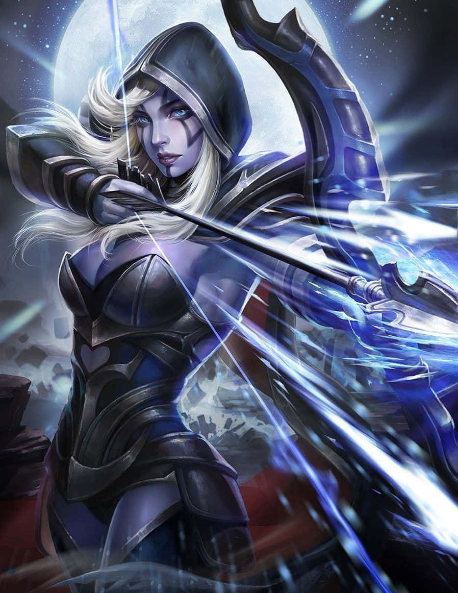 Drow Ranger, glowing blue bow, starry moonlit sky, SD Phone Wallpaper