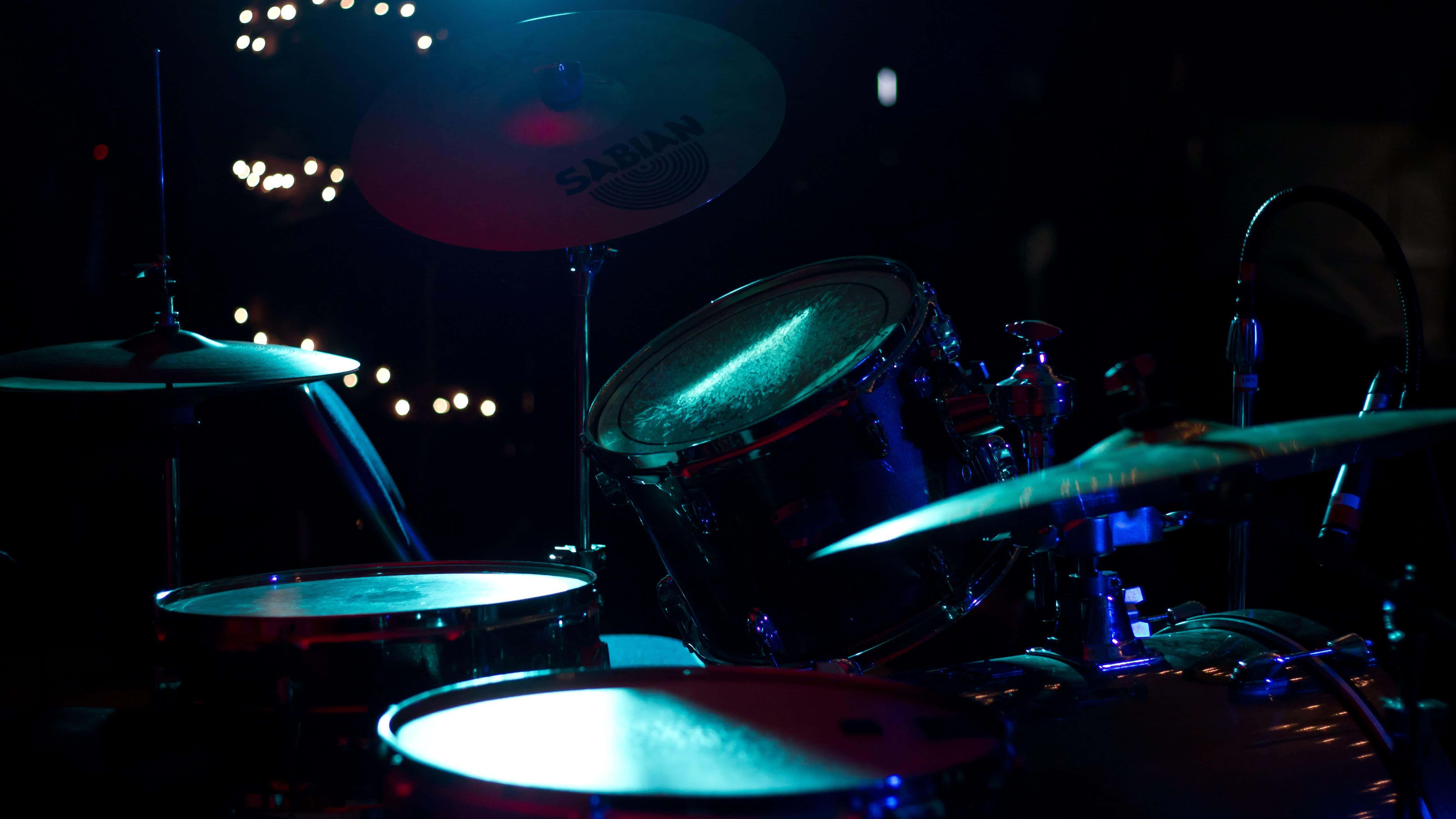 drum set, cool blue, red stage lights, 5K Desktop Wallpaper