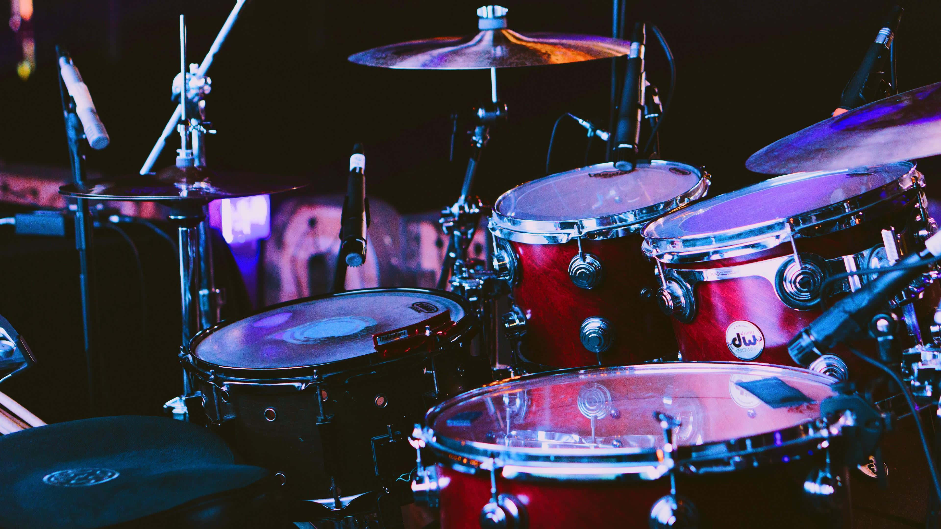 drum set, red drum set, purple stage lights, 4K Desktop Wallpaper
