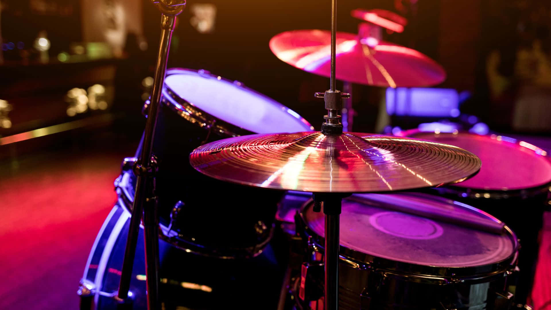 drum set, vibrant purple, red stage lights, Full HD Desktop Wallpaper