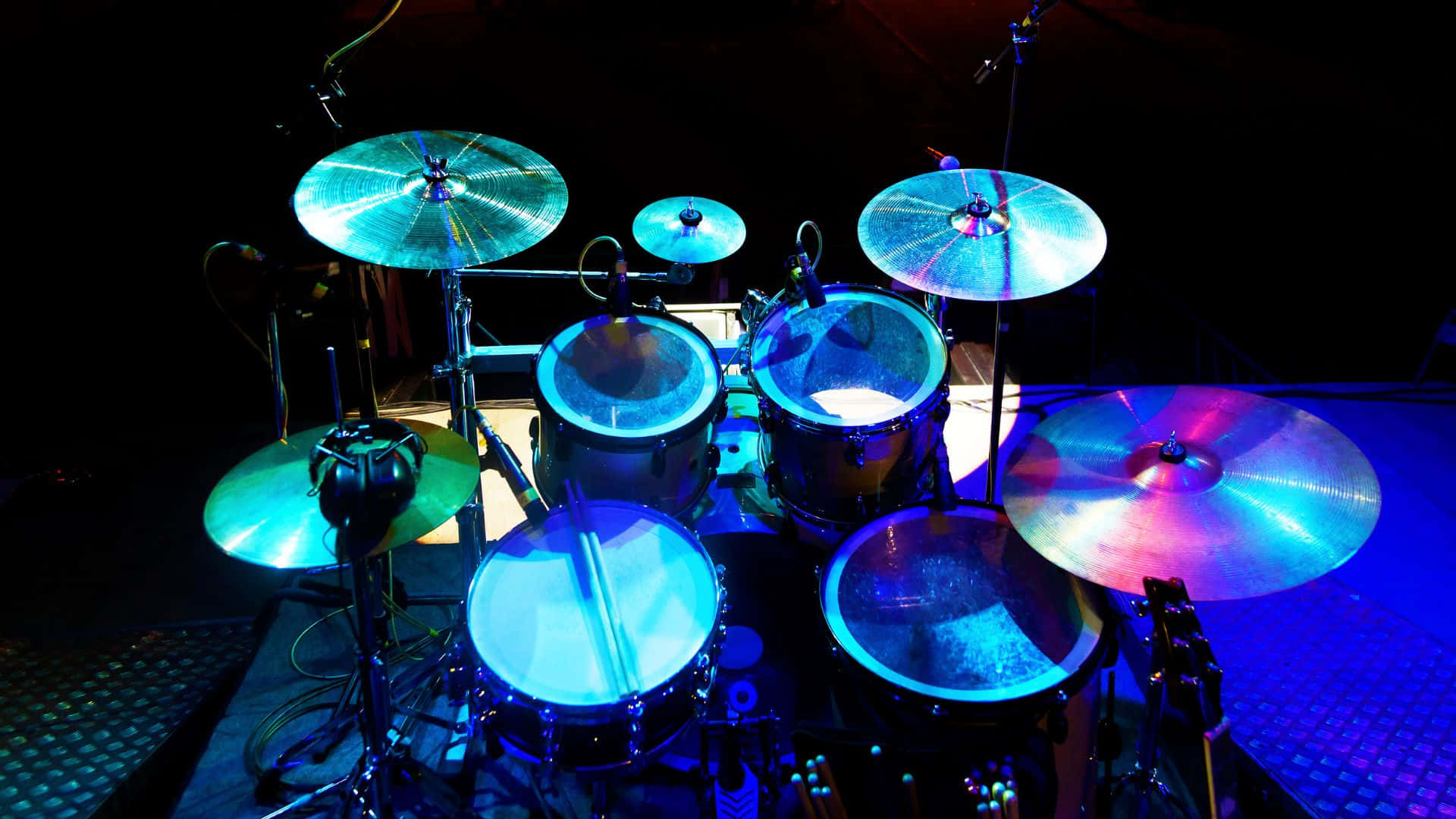 drum set, vibrant blue, cyan stage lights, Full HD Desktop Wallpaper