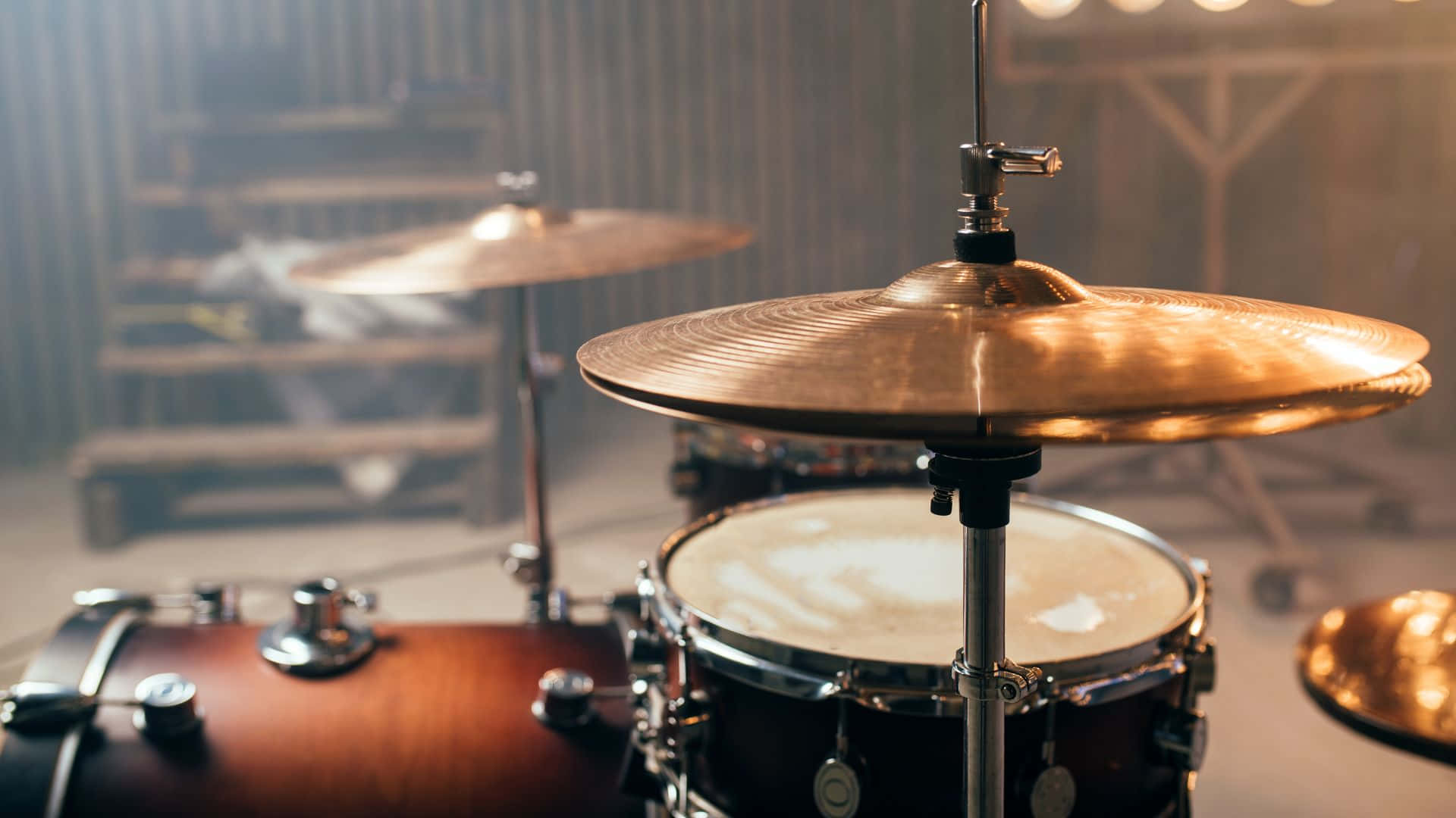 drum set, brass cymbals, wooden shells, Full HD Desktop Wallpaper