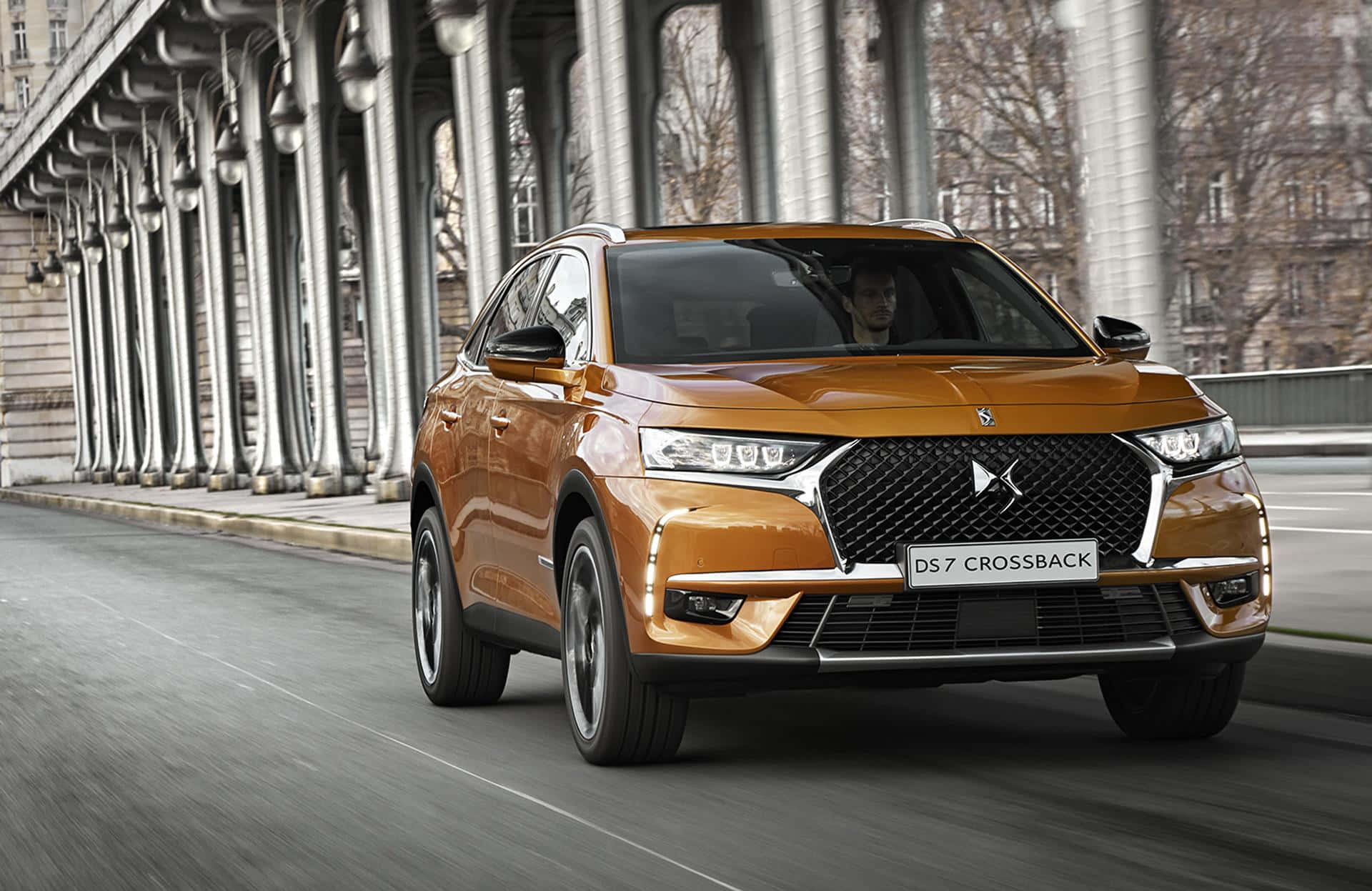 DS 7 Crossback E-TENSE, orange, arched bridge, Full HD Desktop Wallpaper